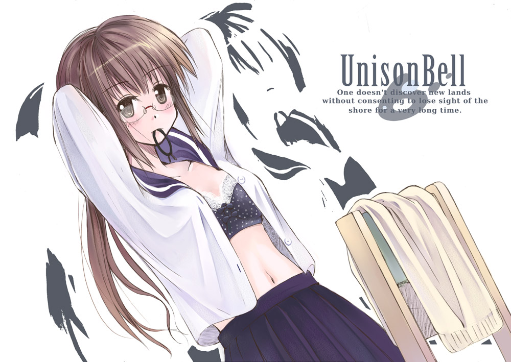 bra, english text, engrish text, flat chest, glasses, lingerie, open clothes, open shirt, ranguage, school uniform, serafuku, shirt, solo, underwear