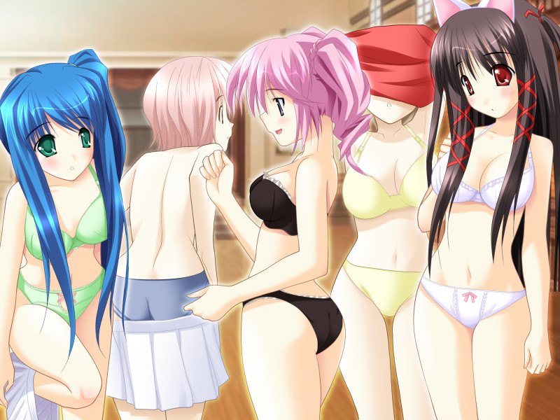 inuhiko, haganejima tetsuko, hinoue kagari, suiryuuji nanami, defcon one, game cg, 5girls, animal ears, ass, back, black bra, black panties, blue panties, bow, bow panties, bra, breasts, cat ears, cleavage, clothes lift, clothes pull, frilled bra, frilled panties, frills, from behind, green bra, green panties, hair ribbon, lace, lace-trimmed panties, lace trim, leg lift, lingerie, long hair, medium breasts, multiple girls, panties, ribbon, shirt lift, skirt, skirt pull, small breasts, standing, topless female, tress ribbon, underwear, underwear only, undressing, white bra, white panties, yellow panties