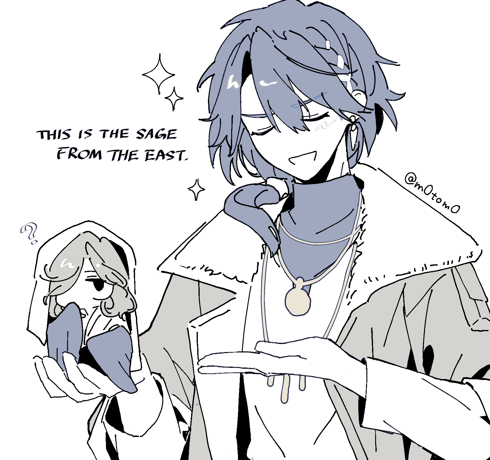 moto (m0tom0), getian (reverse:1999), name day (reverse:1999), reverse:1999, highres, 2boys, ?, blue theme, chibi, chibi inset, closed eyes, coat, english text, hair over one eye, hands up, harpy boy, headscarf, holding, holding mini person, limited palette, low ponytail, medium hair, mini person, miniboy, monster boy, multiple boys, one eye covered, open mouth, pointing, ponytail, shirt, short hair, smile, sparkle, winged arms, wings