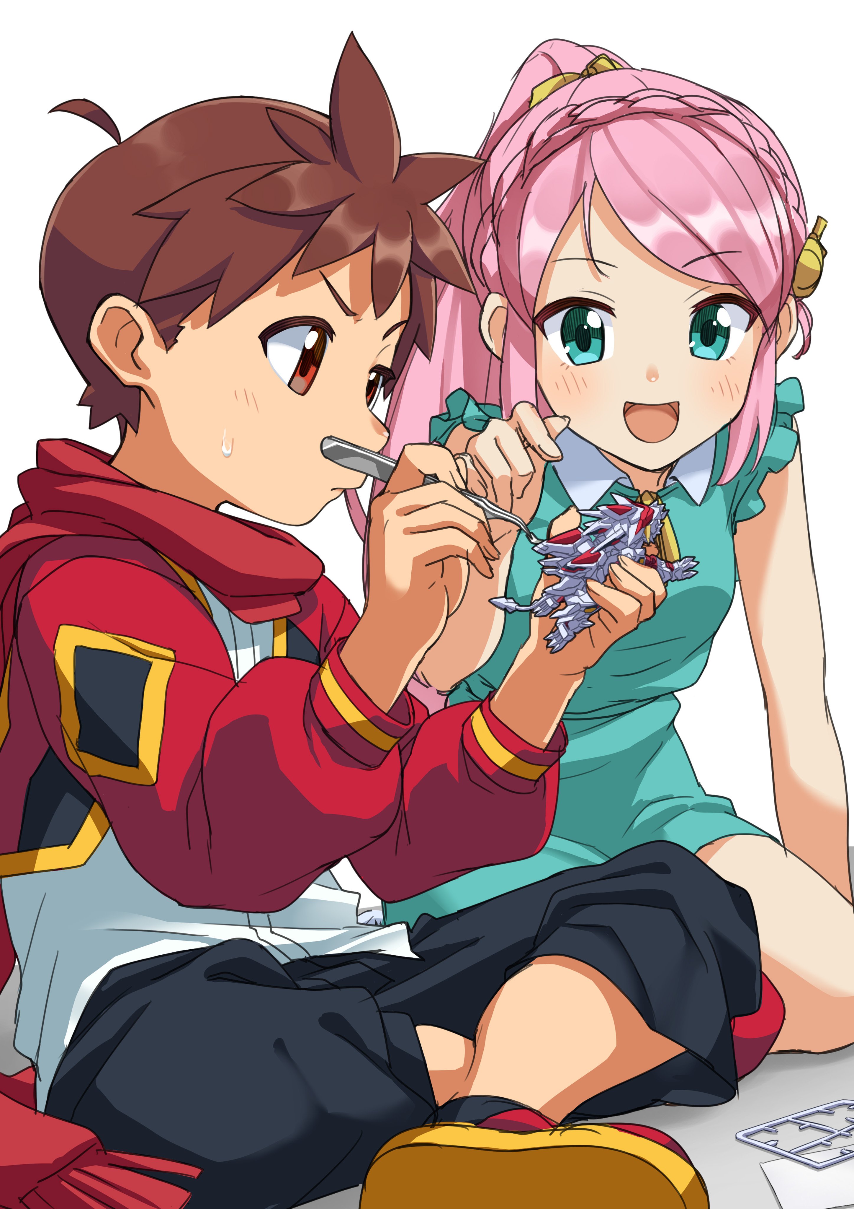 tyuga, anima gear, absurdres, highres, official art, 1boy, 1girl, ahoge, amakusa kyo, aqua dress, aqua eyes, black pants, braid, brown hair, closed mouth, collared dress, colored shoe soles, crown braid, dress, frilled dress, frills, galeo striker, hair ornament, high ponytail, holding tweezers, indian style, jacket, long hair, model building, model kit, momiji sakura, multicolored jacket, multicolored shoes, neck ribbon, non-humanoid robot, open mouth, pants, pink hair, ponytail, red eyes, red jacket, red scarf, ribbon, robot, robot animal, scarf, shirt, short hair, simple background, sitting, sweatdrop, white background, white shirt
