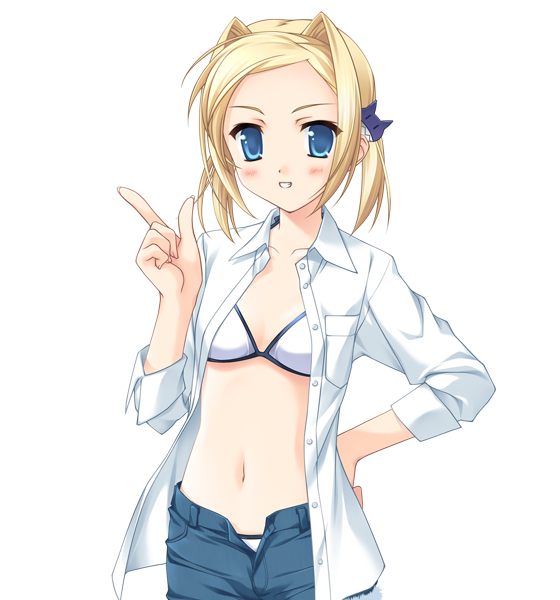 akino takehiko, bettou izumi-shizuka scarlett, scarlett, game cg, 1girl, bikini, bikini under clothes, blonde hair, blue eyes, female focus, flat chest, open clothes, open shirt, shirt, short hair, sleeves rolled up, solo, swimsuit, swimsuit under clothes, tachi-e, transparent background