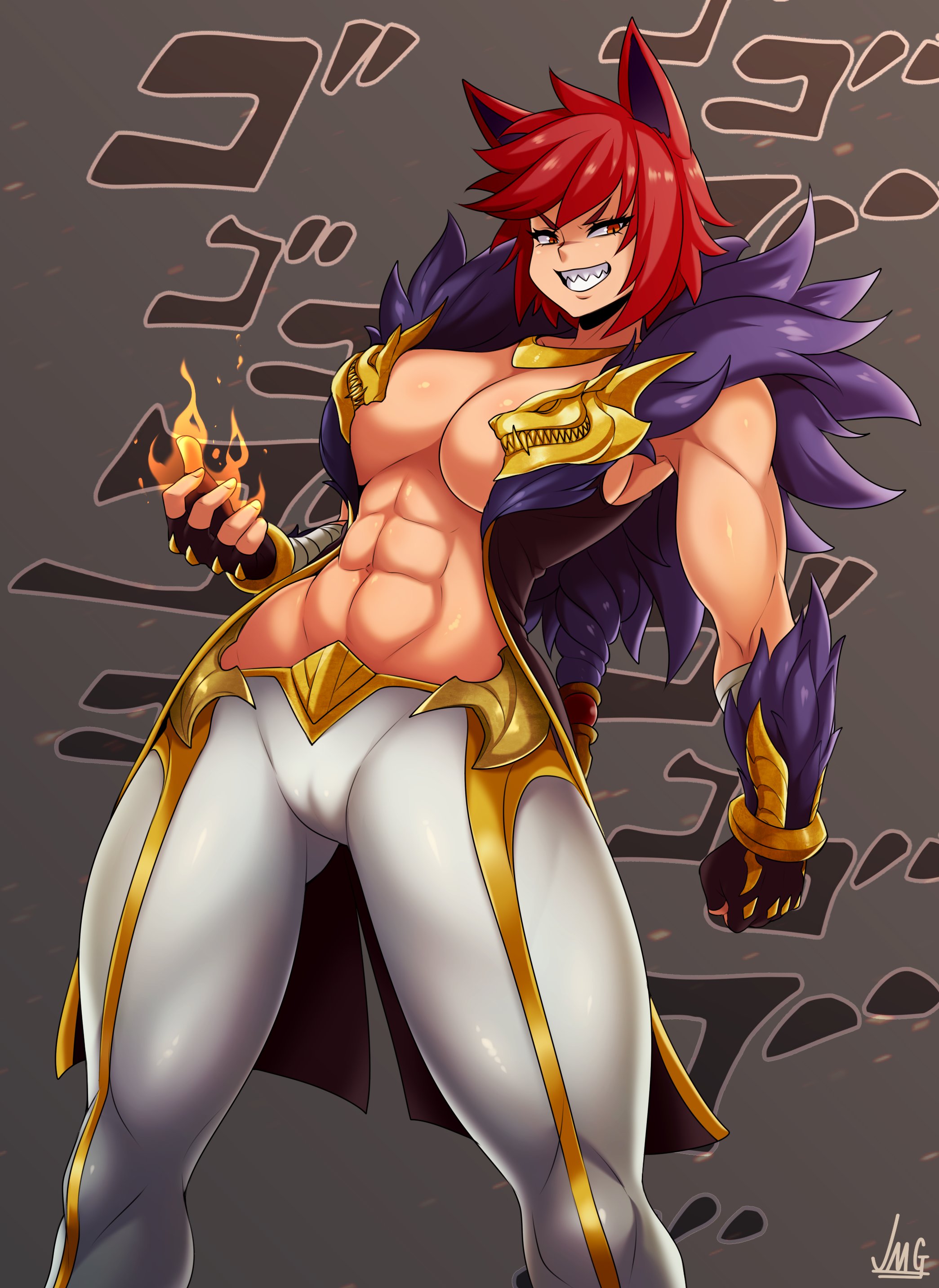 jmg, sett (league of legends), league of legends, riot games, absurdres, commentary, english commentary, highres, 1girl, 2020, abs, animal ears, artist name, bandaged arm, bandages, bare shoulders, black gloves, black jacket, breasts, cameltoe, clenched hand, cowboy shot, female focus, fingerless gloves, fire, fox ears, fur-trimmed jacket, fur-trimmed sleeves, fur trim, genderswap, genderswap (mtf), gloves, gold trim, grey background, grin, jacket, large breasts, legs apart, looking at viewer, menacing (jojo), no bra, pants, pyrokinesis, red eyes, red hair, serious, sharp teeth, short hair, smile, solo, standing, teeth, tight clothes, tight pants, toned, toned female, v-shaped eyebrows, white pants