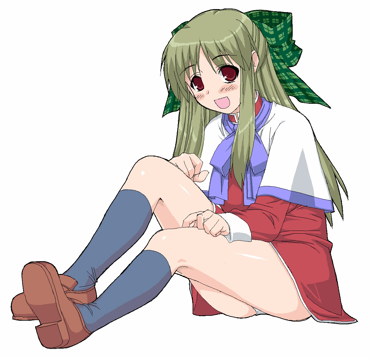 shichimenchou, kurata sayuri, kanon, plaid, 1girl, black socks, bow, dress, female focus, hair bow, kneehighs, panties, pantyshot, red skirt, shoes, short dress, sitting, skirt, socks, solo, underwear, white panties