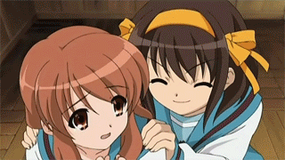 asahina mikuru, kyon, suzumiya haruhi, suzumiya haruhi no yuuutsu, animated, animated gif, anime screenshot, lowres, 00s, 1boy, 2girls, blush, breasts, brown eyes, brown hair, grabbing another's breast, groping, hair ribbon, large breasts, multiple girls, open mouth, ribbon, school uniform, serafuku, short hair, tears