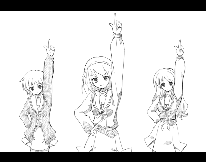 shima-shuu, asahina mikuru, nagato yuki, suzumiya haruhi, hare hare yukai, suzumiya haruhi no yuuutsu, 00s, 3girls, cardigan, dancing, greyscale, monochrome, multiple girls, school uniform, serafuku, short hair