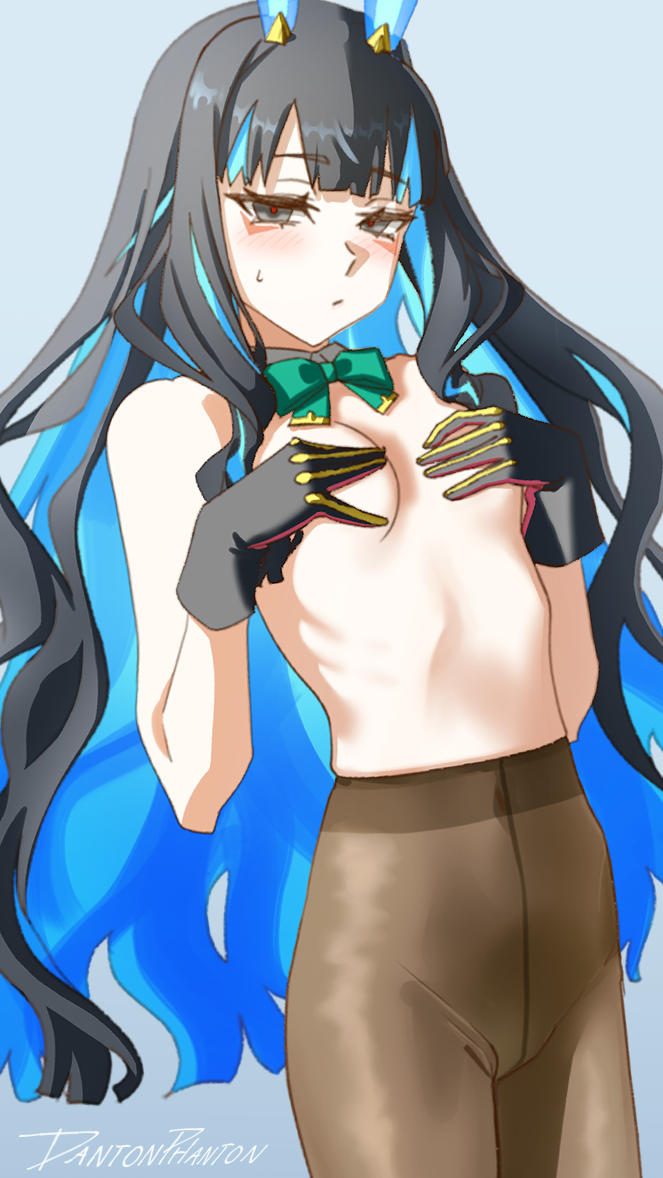 dantonphanton, tenochtitlan (fate), tenochtitlan (swimsuit mooncancer) (third ascension) (fate), fate/grand order, fate (series), tenochtitlan (swimsuit mooncancer) (fate), absurdres, highres, 1girl, animal ears, black gloves, black hair, blue hair, blush, bow, bowtie, breasts, brown pantyhose, colored inner hair, covered navel, covering breasts, covering privates, detached collar, eyeliner, fake animal ears, gloves, grey eyes, leotard, long hair, looking at viewer, makeup, multicolored hair, pantyhose, playboy bunny, rabbit ears, red gloves, sidelocks, small breasts, solo, thighs, topless female