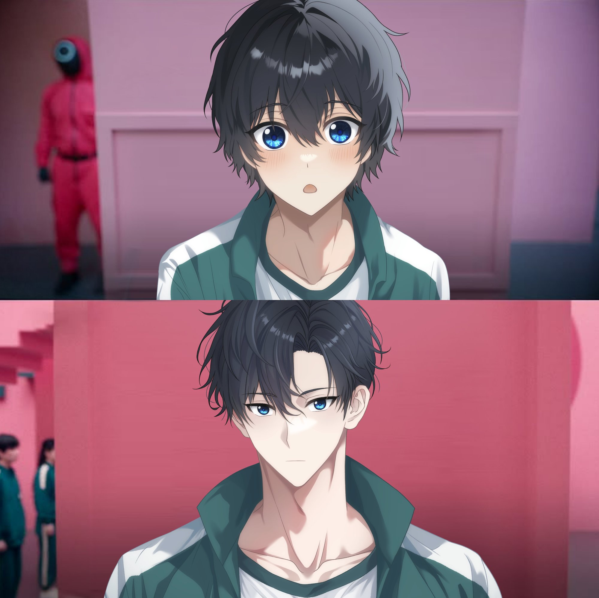 jw gourmet, sung jin-woo, solo leveling, squid game, highres, 1boy, black hair, blue eyes, closed mouth, collarbone, green track suit, jacket, meme, open mouth, shirt, short hair, track jacket, track suit, white shirt, year 1 & year 2 (squid game) (meme)