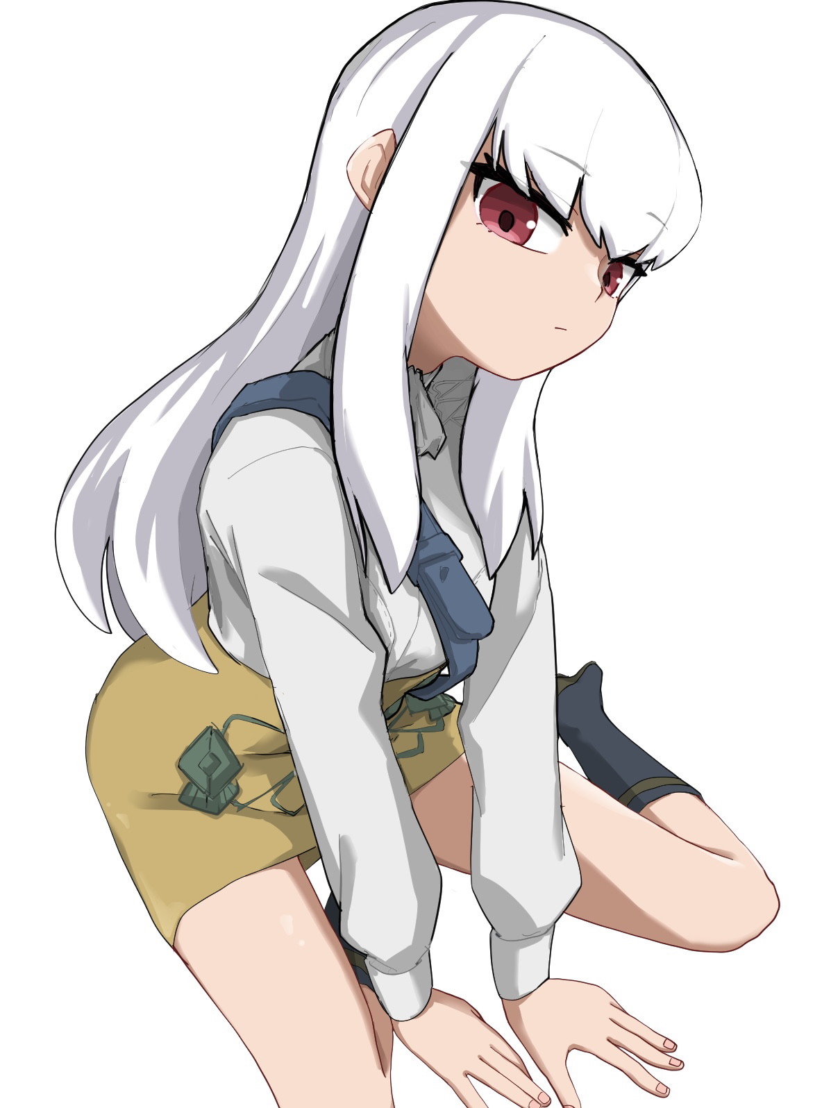 aaaakunaaaa, lysithea von ordelia, fire emblem, fire emblem: three houses, nintendo, commentary, highres, 1girl, ascot, closed mouth, expressionless, garreg mach monastery uniform, long hair, long sleeves, looking at viewer, pink eyes, shirt, simple background, skirt, solo, white ascot, white background, white hair, white shirt, yellow skirt
