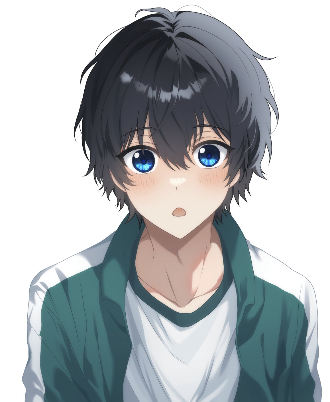 jw gourmet, sung jin-woo, solo leveling, squid game, highres, korean commentary, 1boy, black hair, blue eyes, collarbone, green track suit, jacket, open mouth, shirt, short hair, solo, track jacket, track suit, white background, white shirt