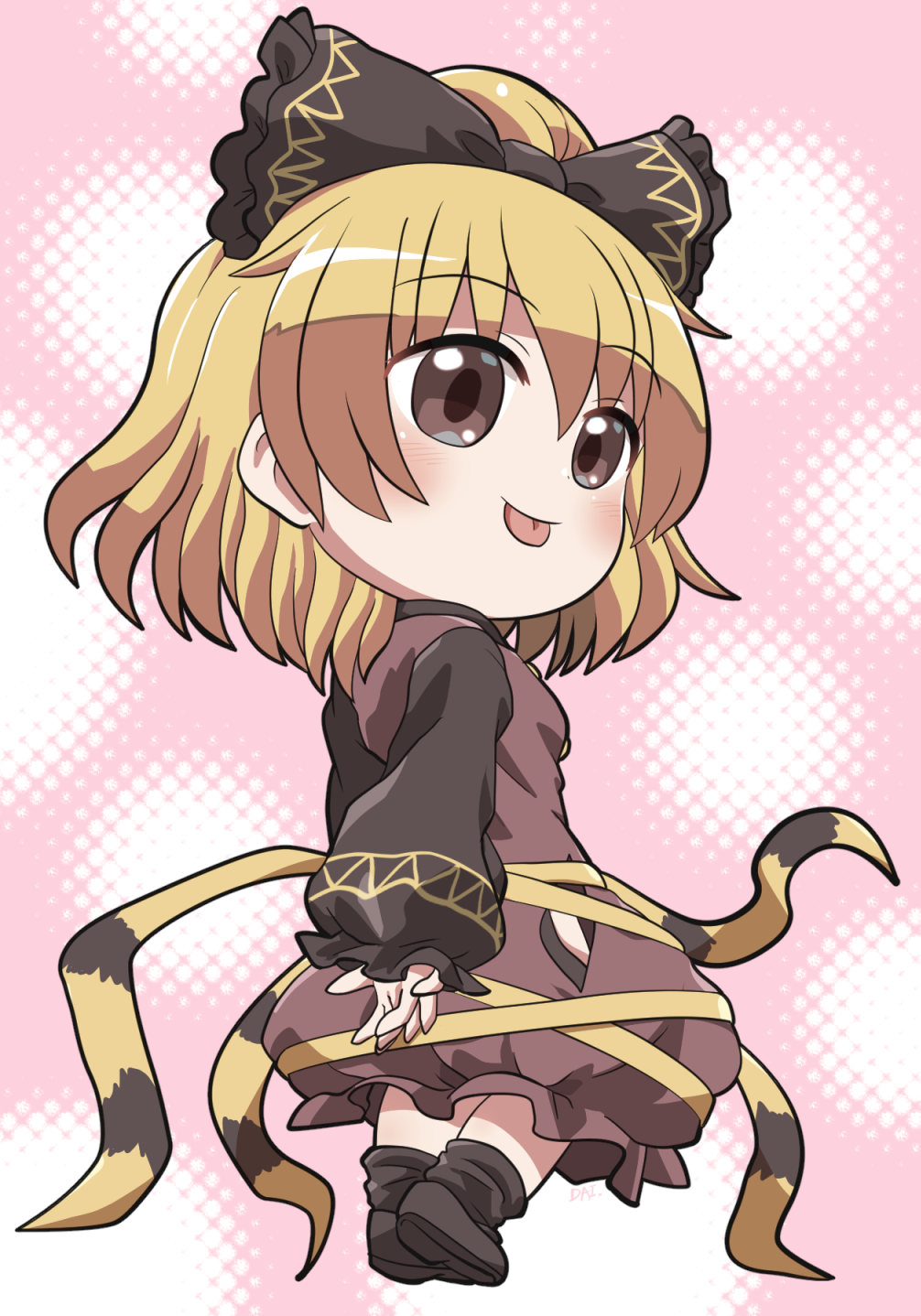 rokugou daisuke, kurodani yamame, touhou, commentary request, highres, 1girl, arms behind back, blonde hair, blush, bow, brown bow, brown dress, brown eyes, brown shoes, chibi, chibi only, closed mouth, dress, from side, full body, hair bow, long sleeves, pink background, ribbon, shoes, short hair, signature, smile, solo, standing, tongue, tongue out, yellow ribbon