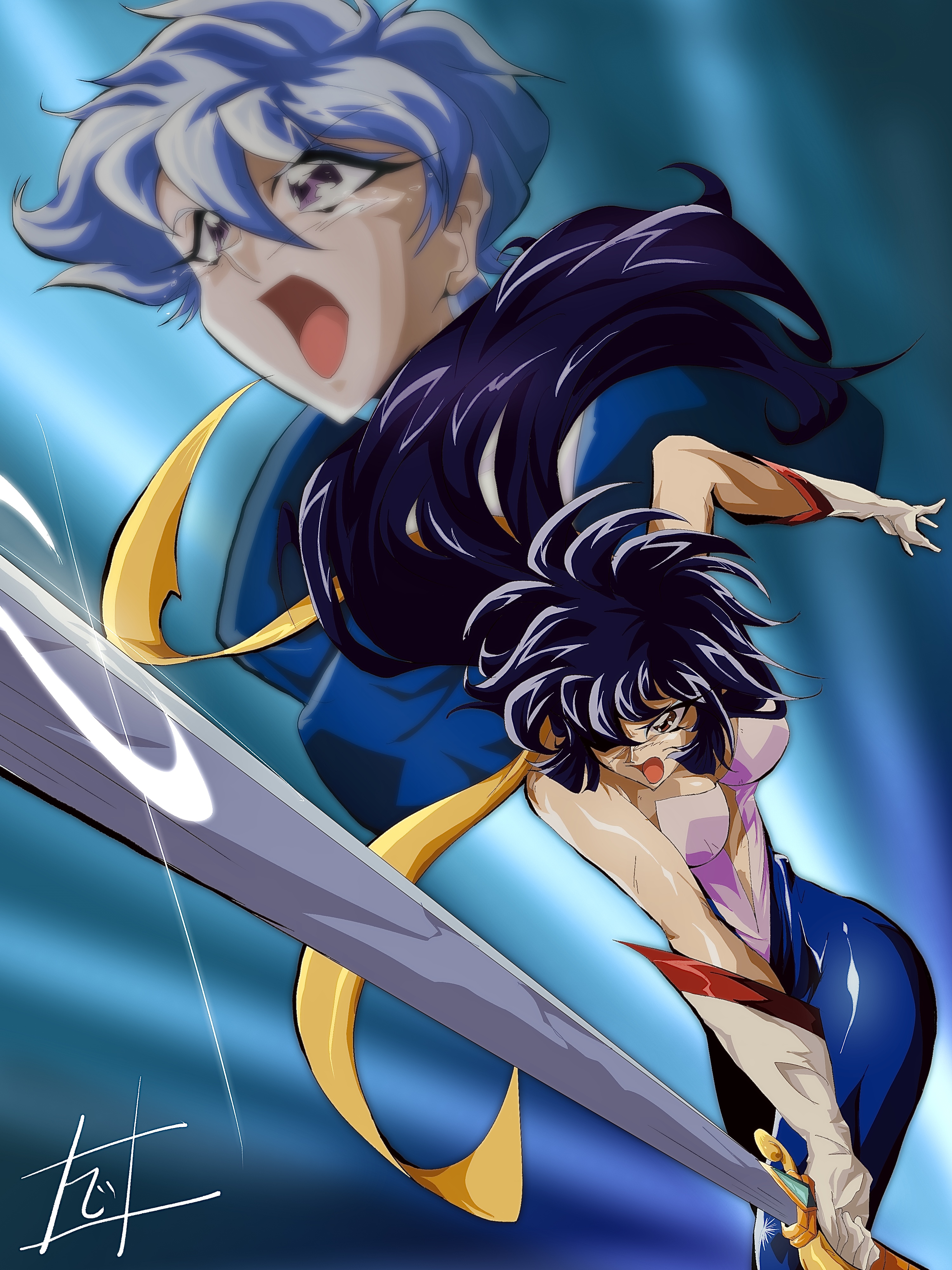 sind ngmhn28, hazuki seira, misty honey (flash), cutie honey, cutie honey flash, absurdres, highres, 1990s (style), 2girls, angry, anime coloring, attack, black hair, bodysuit, breasts, charging forward, cropped legs, crying, crying with eyes open, dual persona, dynamic pose, feet out of frame, fighting, fighting stance, glint, gloves, hair between eyes, holding, holding sword, holding weapon, long hair, looking ahead, multiple girls, open mouth, pixie cut, purple eyes, red eyes, retro artstyle, scarf, short hair, signature, strapless bodysuit, swinging weapon, sword, tears, upper body, v-shaped eyebrows, very short hair, weapon, white gloves, white hair, yellow scarf