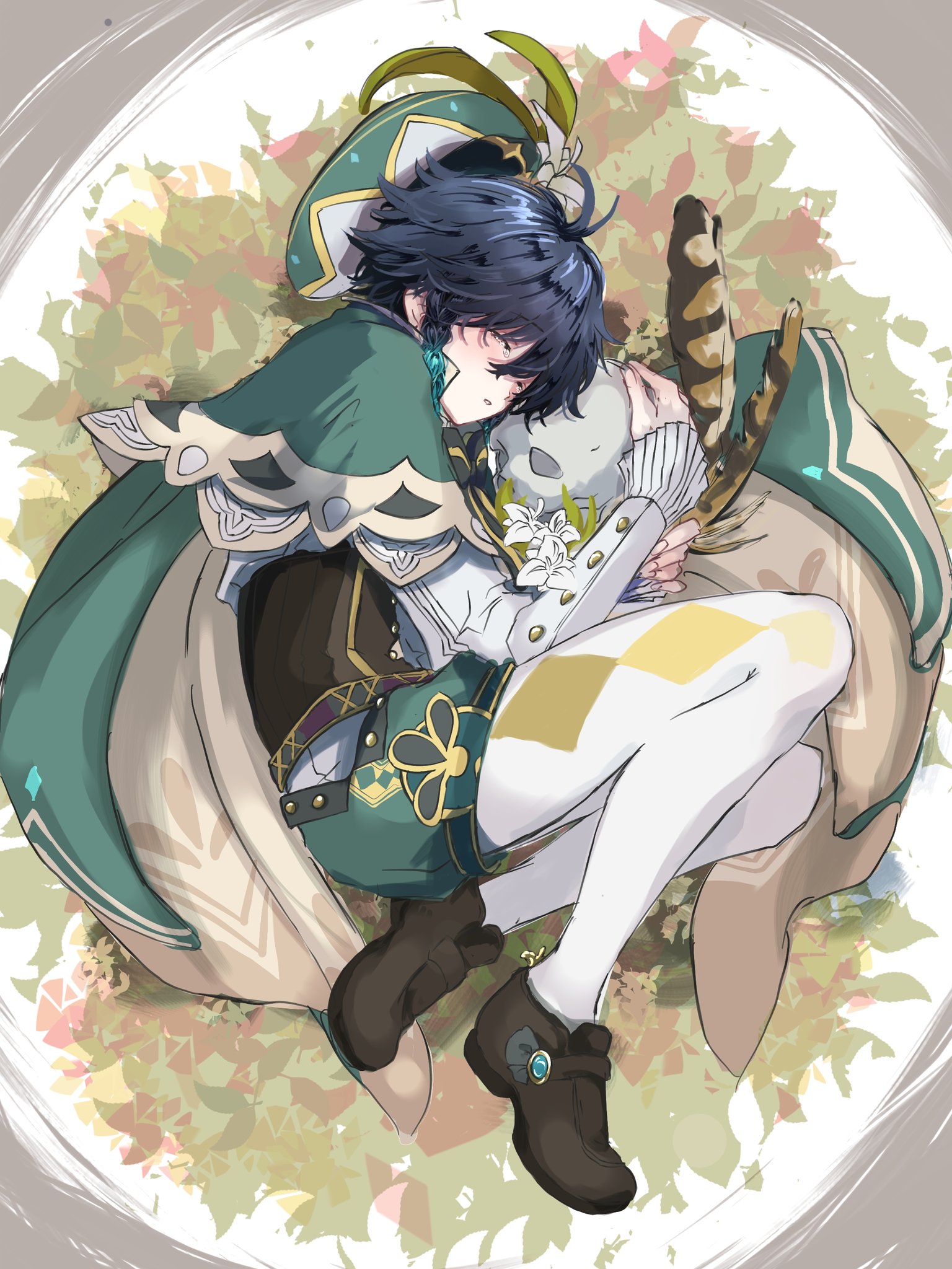 fugusashi (fgss2089), venti (genshin impact), genshin impact, highres, 1boy, aqua hair, beret, black hair, braid, brown corset, brown shoes, cape, capelet, closed eyes, corset, green cape, green capelet, green hat, green shorts, hat, hug, hugging object, long sleeves, pantyhose, shirt, shoes, short hair, shorts, side braids, skull, solo, twin braids, white pantyhose, white shirt