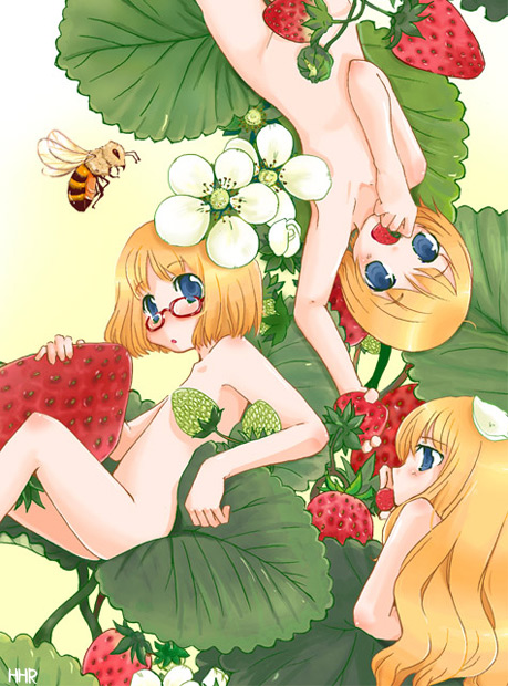 kaisanbutsu, original, 3girls, bee, blonde hair, blue eyes, bug, censored, convenient censoring, flat chest, flower, food, fruit, glasses, insect, loli, long hair, mini person, minigirl, multiple girls, nude, red-framed eyewear, short hair, signature, strawberry, strawberry blossoms