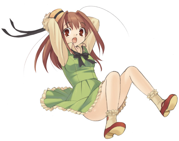 piyodera mucha, 1girl, :o, ahoge, bow, brown eyes, brown hair, dress, female focus, full body, hair intakes, hands on own head, hat, long hair, open mouth, ribbon, shoes, solo