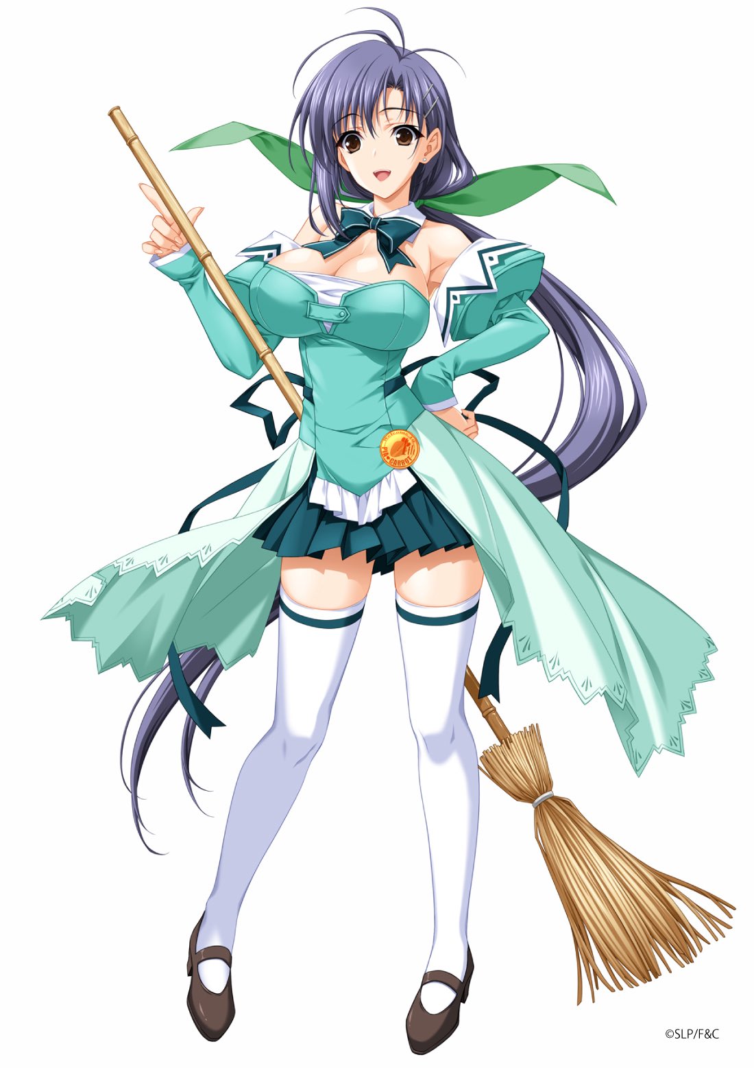 suzuhira hiro, kinoshita takako, pia carrot (series), pia carrot e youkoso!!, highres, official art, 1girl, bare shoulders, blue hair, bow, bowtie, breasts, broom, brown eyes, cleavage, detached collar, detached sleeves, dress, floral mint uniform, full body, hair bow, hair ribbon, hand on own hip, large breasts, long hair, looking at viewer, mary janes, open mouth, pleated skirt, ponytail, ribbon, shoes, simple background, skirt, smile, solo, thighhighs, transparent background, very long hair, waitress, white background, white thighhighs, zettai ryouiki