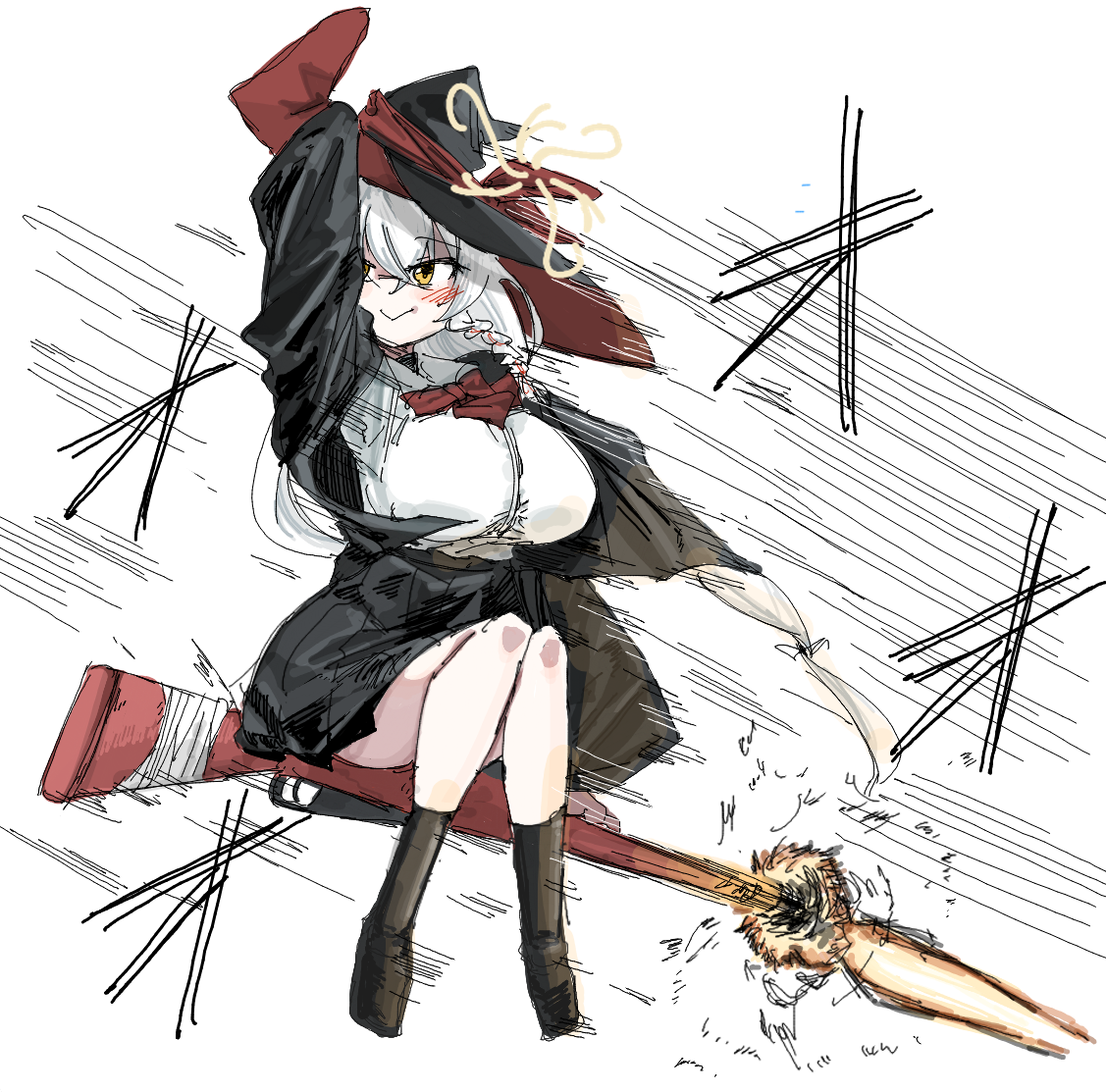 ganma (nicoseiga52595768), eri (blue archive), blue archive, 1girl, black hat, black skirt, bolt action, bow, bowtie, braid, breasts, carcano, gun, halo, hat, large breasts, long hair, long sleeves, miniskirt, red bow, red bowtie, red hat, rifle, shirt, side braid, sidesaddle, skirt, solo, tilted halo, two-sided fabric, two-sided headwear, weapon, white shirt, witch, witch hat, yellow halo