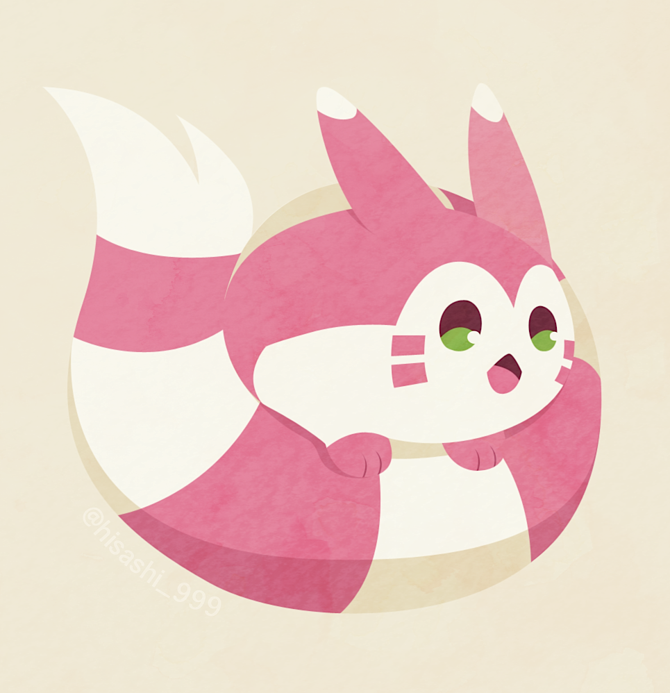hisashi999, furret, nintendo, pokemon, alternate color, animal focus, full body, gen 2 pokemon, green eyes, grey background, no humans, no lineart, open mouth, pokemon (creature), shiny pokemon, simple background, solo