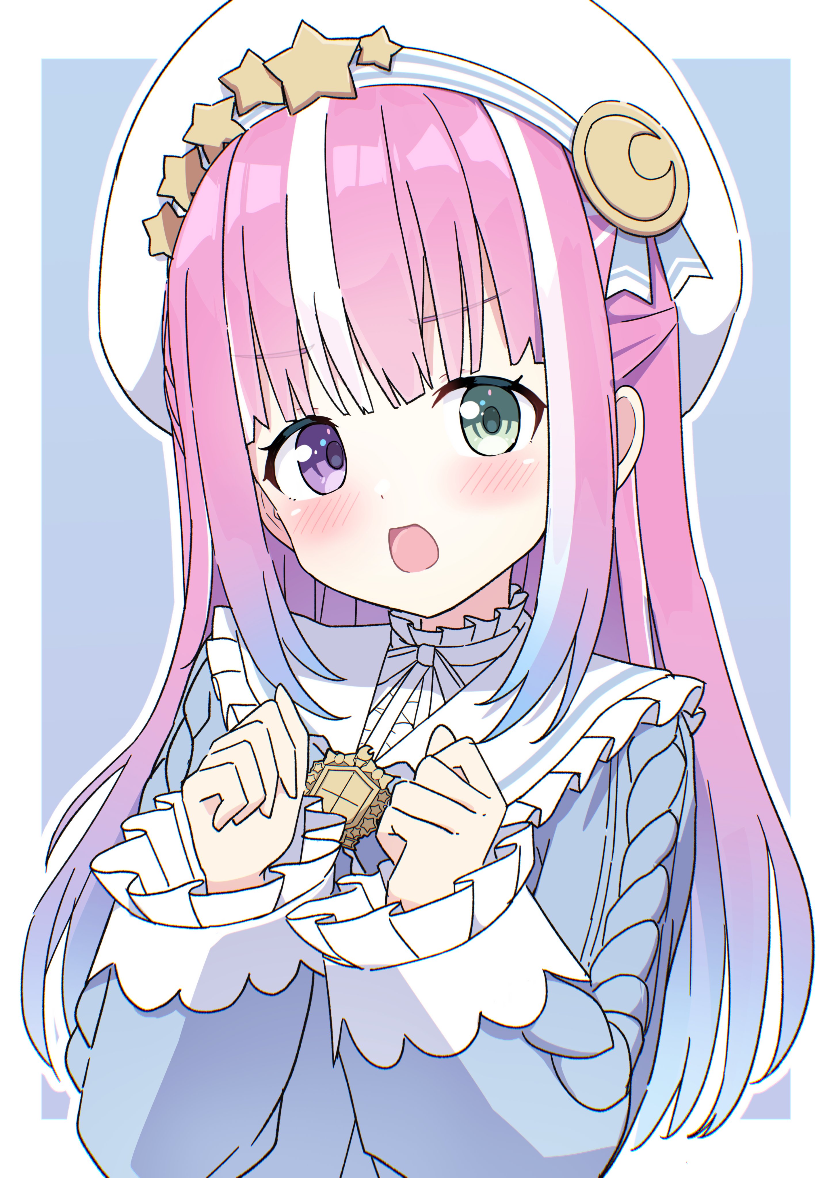 kaie, himemori luna, hololive, absurdres, commentary request, highres, 1girl, blue background, blue hair, blue shirt, blunt bangs, blush, border, collared shirt, contrast collar, frilled shirt collar, frilled sleeves, frills, green eyes, hands up, hat, heterochromia, long hair, long sleeves, looking at viewer, multicolored hair, open mouth, outline, outside border, purple eyes, shirt, sidelocks, simple background, solo, streaked hair, upper body, virtual youtuber, white border, white hat, white outline, white streaks