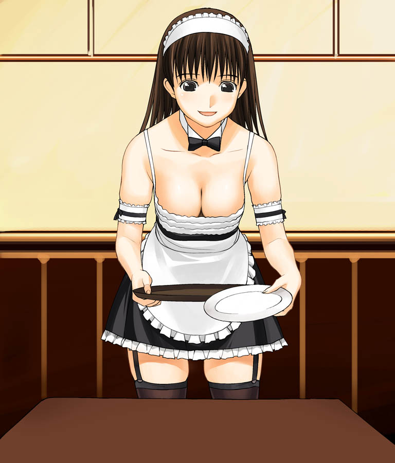 a1 (initial-g), 1girl, arm garter, breasts, cleavage, collar, detached collar, downblouse, female focus, maid, plate, solo, thighhighs, tray