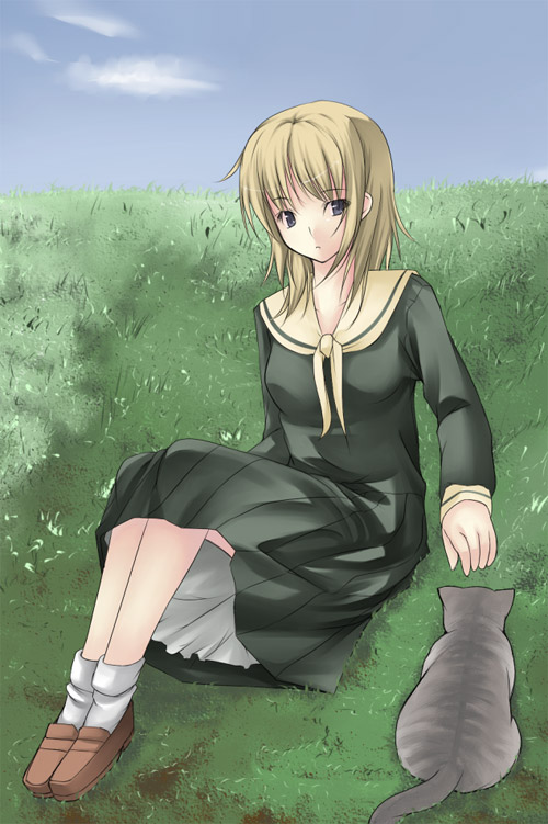 nakamura kusata, gonta, gonta (maria-sama), satou sei, maria-sama ga miteru, 00s, 1girl, animal, blonde hair, blue eyes, cat, day, dress, female focus, grass, long hair, outdoors, sailor dress, school uniform, serafuku, short hair, sitting, sky, socks, solo
