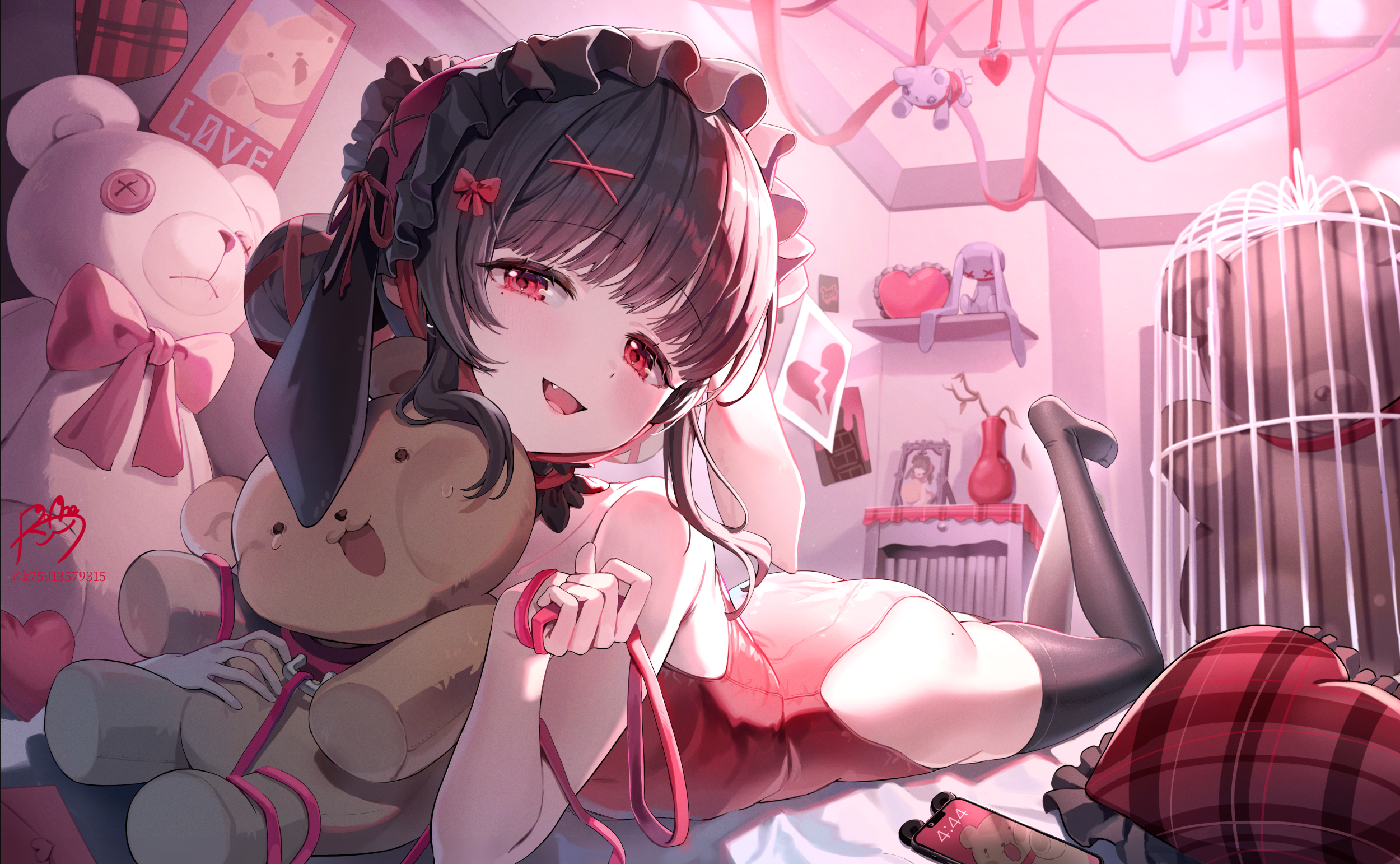 lerome, original, commentary, highres, symbol-only commentary, 1girl, animal ears, ass, bed, birdcage, black thighhighs, broken heart, brown hair, cage, frilled hairband, frills, hair ornament, hairband, heart, heart-shaped pillow, highleg, highleg leotard, holding, holding leash, leash, leotard, looking at viewer, lop rabbit ears, lying, nightstand, no shoes, on stomach, open mouth, pillow, pink leotard, poster (object), rabbit ears, red eyes, shelf, short hair, smile, stuffed animal, stuffed toy, teddy bear, the pose, thighhighs, vase, x hair ornament, yandere
