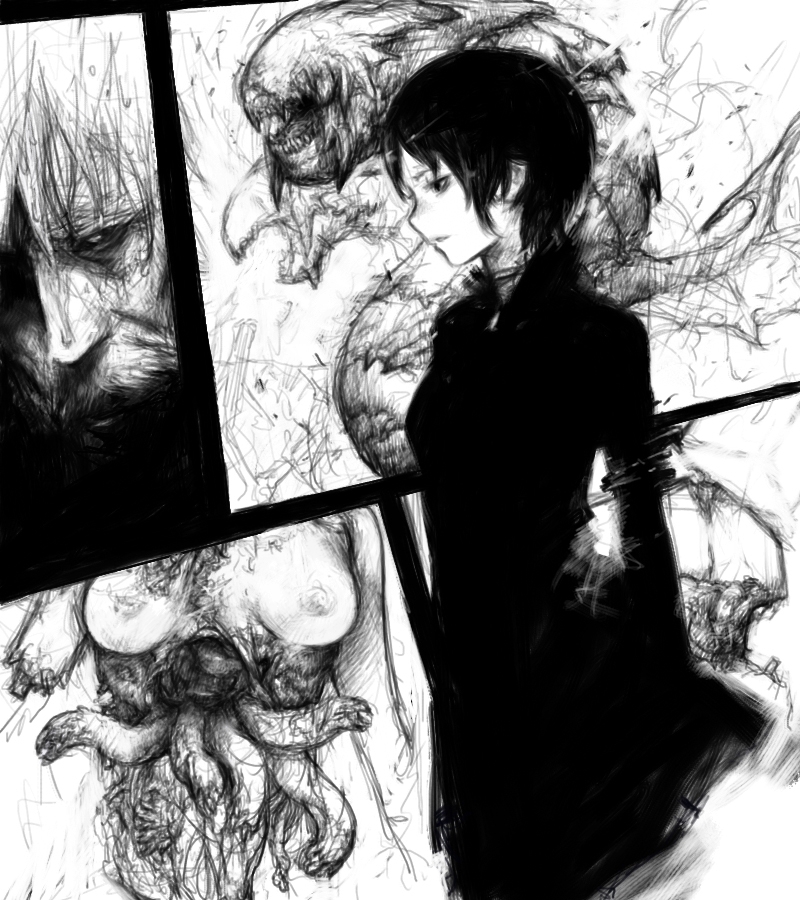 pon (tab rasa), tab rasa, original, 1boy, 1girl, black dress, breasts, death, dress, greyscale, guro, monochrome, monster, nipples, tentacles
