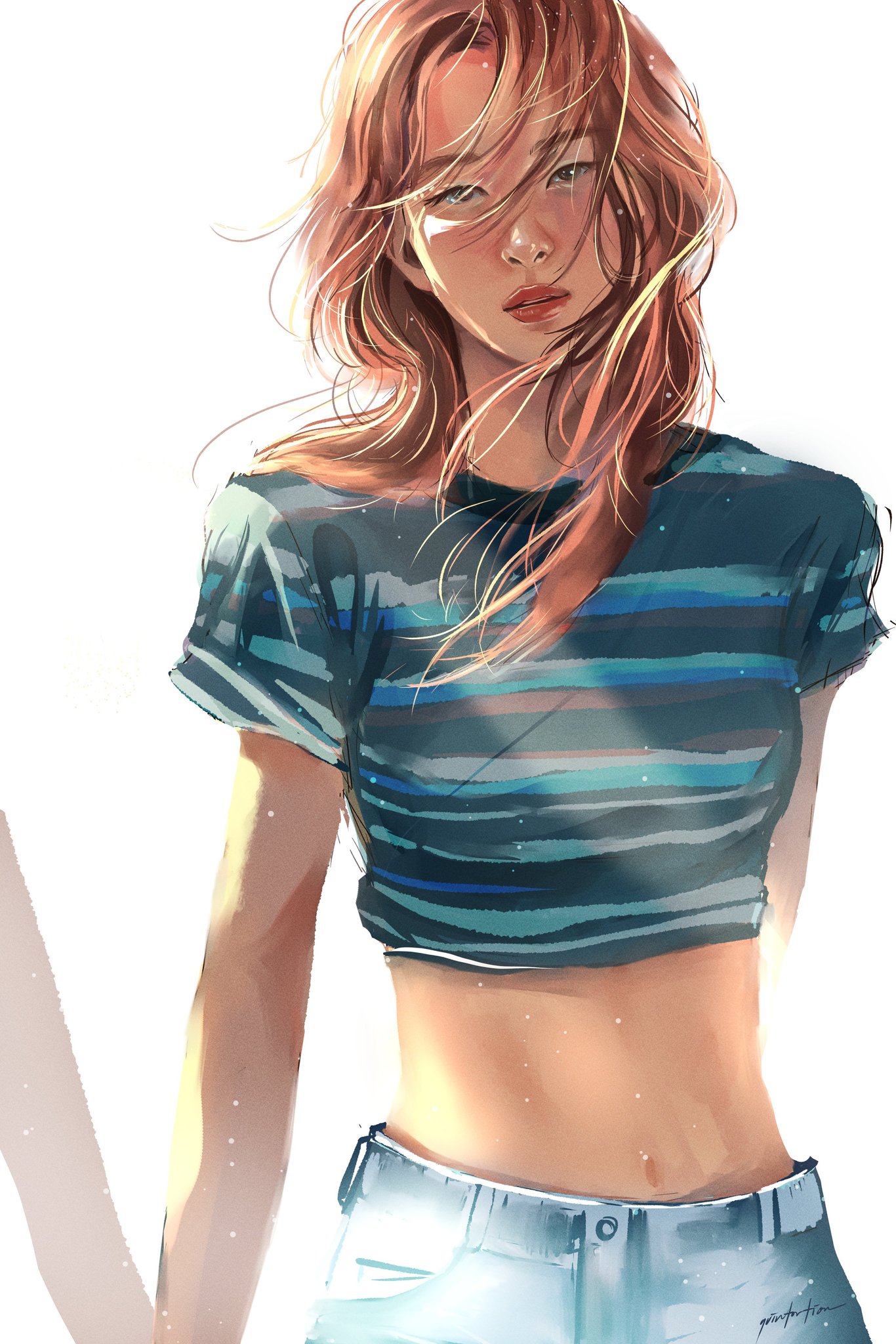 quintortion, seulgi (red velvet), real life, red velvet (group), commentary, english commentary, highres, aqua shirt, arms at sides, artist name, asian, brown eyes, brown hair, cowboy shot, crop top, cropped shirt, denim, floating hair, long hair, midriff, navel, realistic, red lips, shirt, short sleeves, signature, simple background, standing, striped clothes, striped shirt, white background