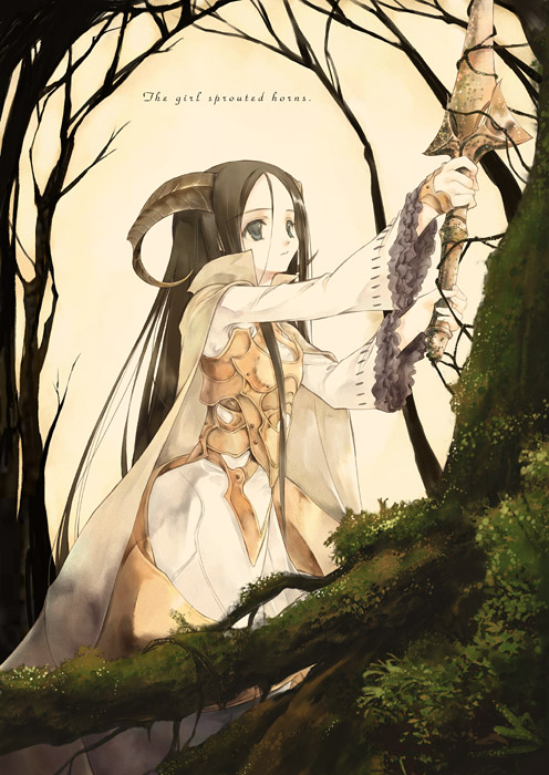 sumi keiichi, original, 1girl, armor, bare tree, fantasy, female focus, horns, long hair, nature, solo, sword, tree, weapon