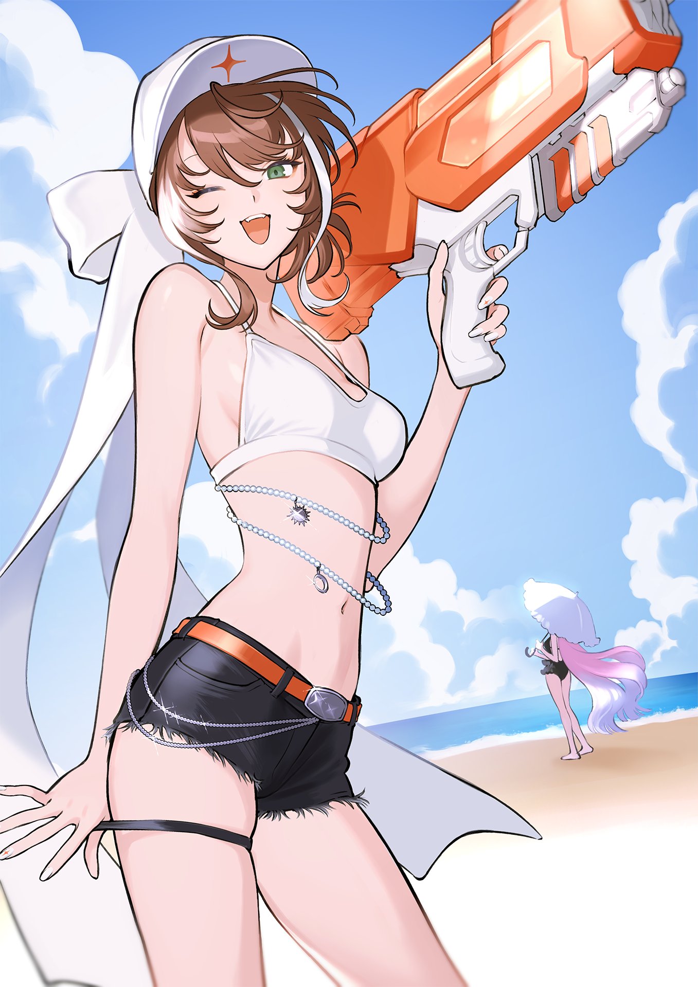 dt 777 tb, asu (sinsekai), kamitsubaki studio, sinsekai record, commentary request, highres, official art, second-party source, 2girls, ;d, beach, bema (sinsekai), bikini, bikini top only, black shorts, breasts, brown hair, cloud, cloudy sky, cowboy shot, cutoffs, day, green eyes, hat, hat ribbon, holding, holding umbrella, holding water gun, looking at viewer, medium breasts, multicolored hair, multiple girls, navel, ocean, one eye closed, open mouth, outdoors, ribbon, shorts, sky, smile, solo focus, streaked hair, swimsuit, thigh strap, two-tone hair, umbrella, virtual youtuber, water gun, white bikini, white hair, white hat, white ribbon
