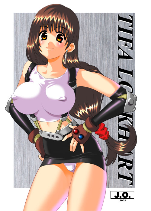 jo area, tifa lockhart, final fantasy, final fantasy vii, 1990s (style), 1girl, breasts, character name, covered erect nipples, female focus, hands on own hips, impossible clothes, impossible shirt, large breasts, long hair, low-tied long hair, midriff, miniskirt, panties, pantyshot, pencil skirt, retro artstyle, shirt, skirt, solo, standing, suspender skirt, suspenders, underwear, upskirt, white panties