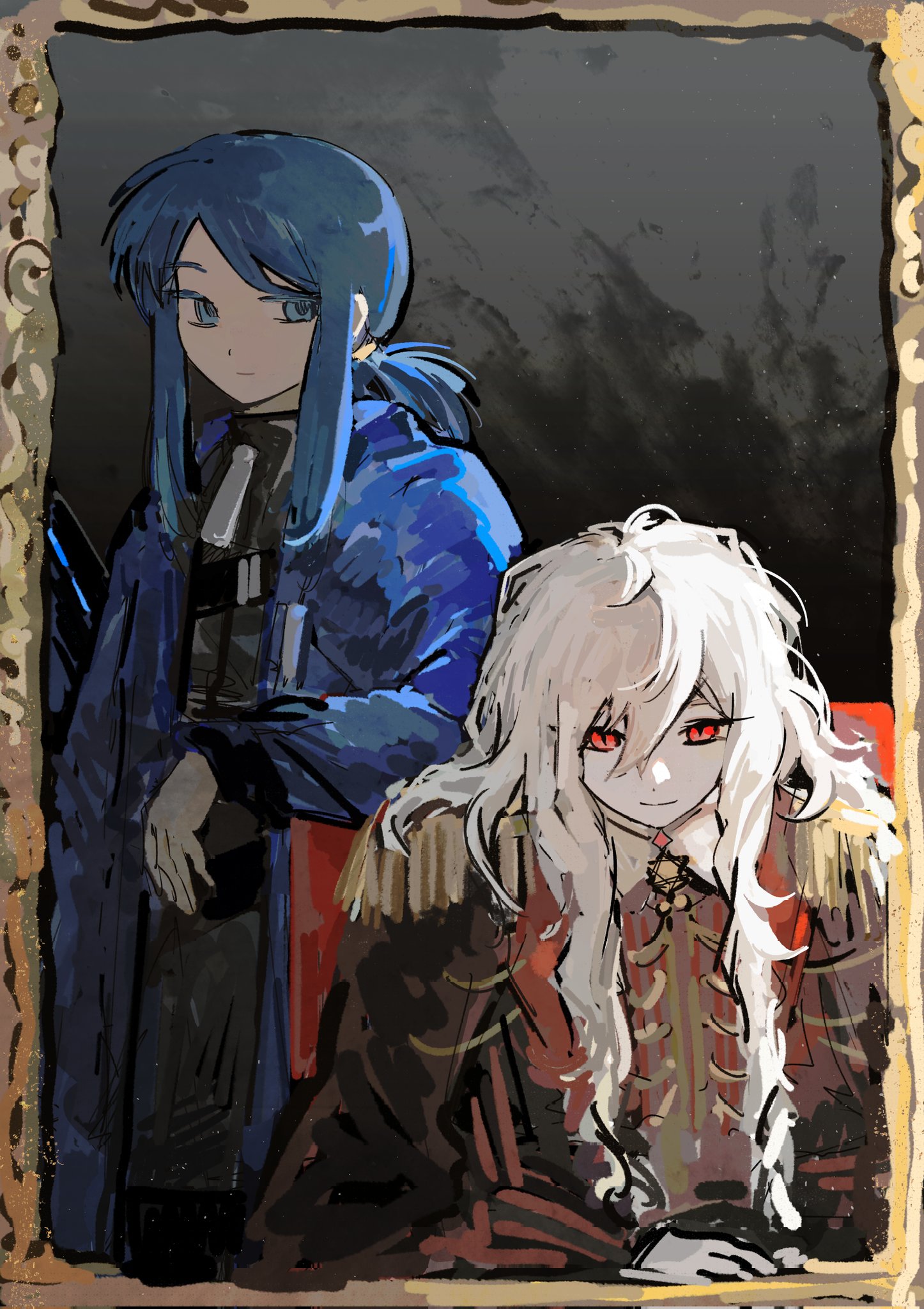 erzheawa, bari (project moon), limbus company, project moon, highres, 1boy, 1girl, black coat, blue eyes, blue hair, blue jacket, coat, epaulettes, greyscale, jacket, la manchaland's don quixote (project moon), long hair, low ponytail, monochrome, picture frame, ponytail, red eyes, short ponytail, sidelocks