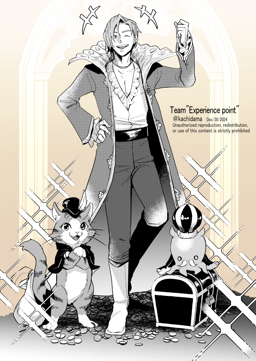 kachidama, octopath traveler, character request, commentary request, highres, +++, 1boy, ;d, belt, boots, cat, coat, crown, full body, greyscale, hand up, long sleeves, looking at viewer, male focus, monochrome, one eye closed, open clothes, open coat, open mouth, pants, shirt, short hair, smile, solo, standing, treasure chest, twitter username, watermark