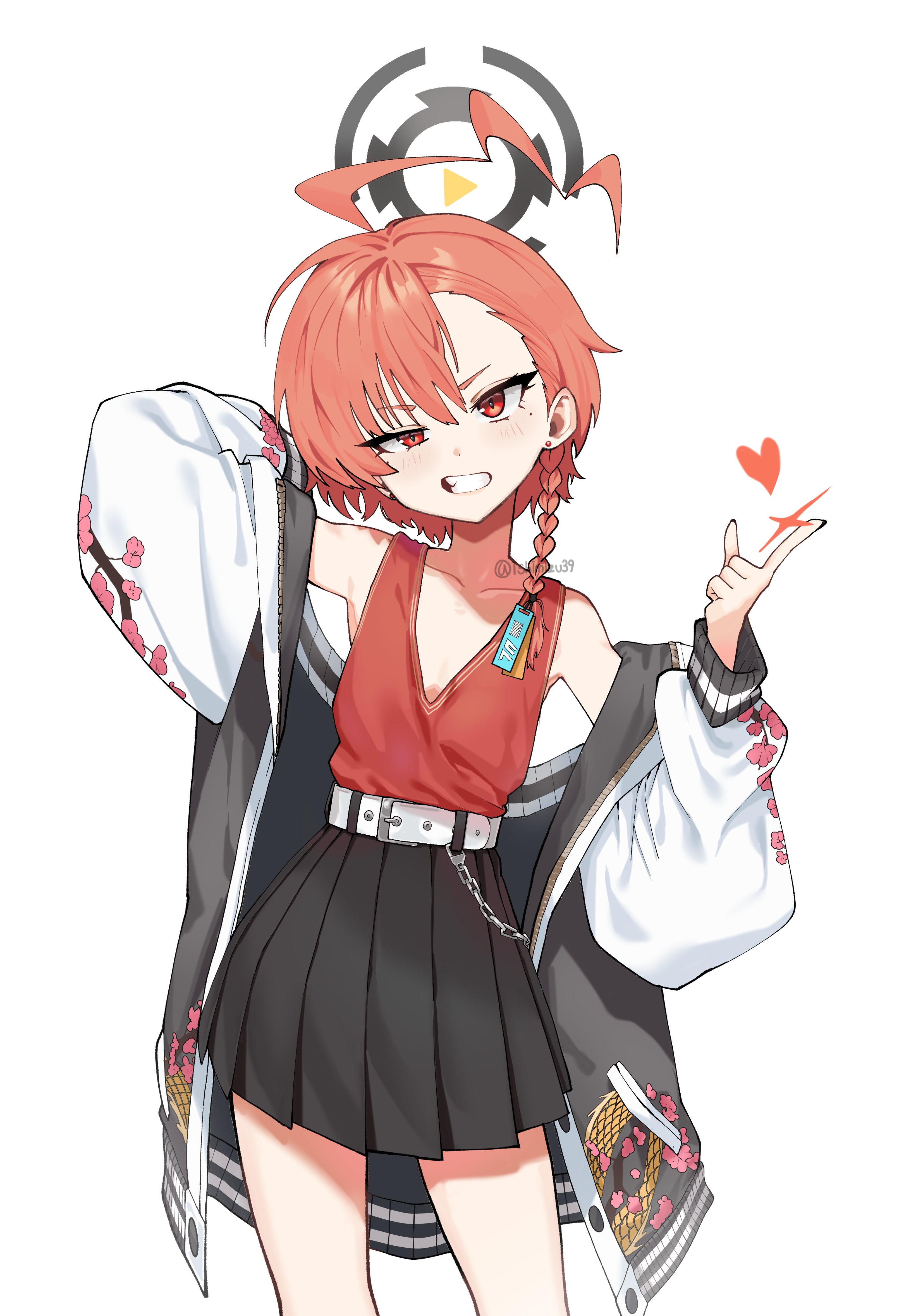 jjigong chigon, neru (blue archive), blue archive, absurdres, highres, 1girl, ahoge, bare shoulders, belt, black halo, black nails, black skirt, braid, chain, collarbone, cowboy shot, earrings, fang, flat chest, flower print, grin, halo, hand up, heart, huge ahoge, jacket, jewelry, loli, long sleeves, looking at viewer, mole, mole under eye, multicolored jacket, nail polish, off shoulder, open clothes, open jacket, open mouth, orange hair, pleated skirt, print jacket, red eyes, red tank top, simple background, single braid, skirt, smile, solo, standing, stud earrings, sukajan, tank top, teeth, thighs, twitter username, white background, white belt, white jacket