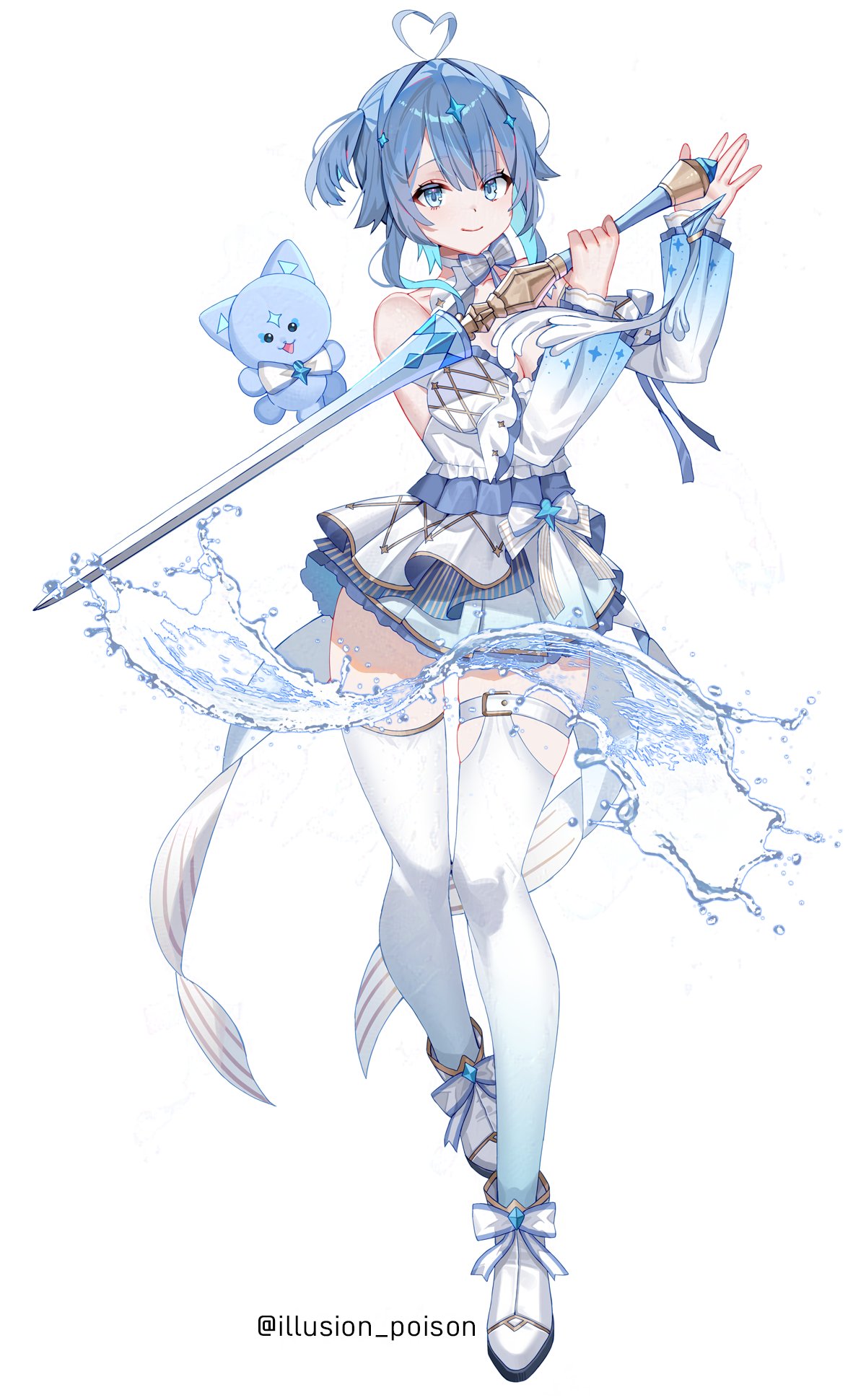 hwansang jungdog, original, commentary, highres, 1girl, ahoge, aqua hair, bare shoulders, blue bow, blue bowtie, blue dress, blue eyes, blue hair, blue sleeves, blue thighhighs, boots, bow, bowtie, breasts, cleavage, closed mouth, colored inner hair, detached sleeves, dress, frilled dress, frills, full body, gradient clothes, gradient dress, gradient sleeves, gradient thighhighs, hair between eyes, hair ornament, heart, heart ahoge, holding, holding sword, holding weapon, layered dress, light smile, long hair, looking at viewer, multicolored bow, multicolored bowtie, multicolored dress, multicolored hair, short dress, sidelocks, sleeveless, sleeveless dress, solo, standing, sword, thigh strap, thighhighs, thighs, twitter username, two-tone bow, two-tone bowtie, two-tone hair, water, weapon, white boots, white bow, white bowtie, white dress, white sleeves, white thighhighs
