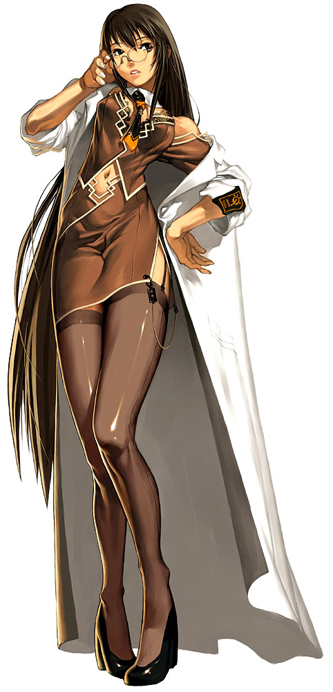 kim hyung tae, embla, softmax, the war of genesis, long image, tall image, adjusting glasses, black hair, cape, garter belt, garter straps, glasses, hand on own hip, high heels, legs, lingerie, long coat, long hair, navel, necktie, shoes, solo, thighhighs, underwear, very long hair