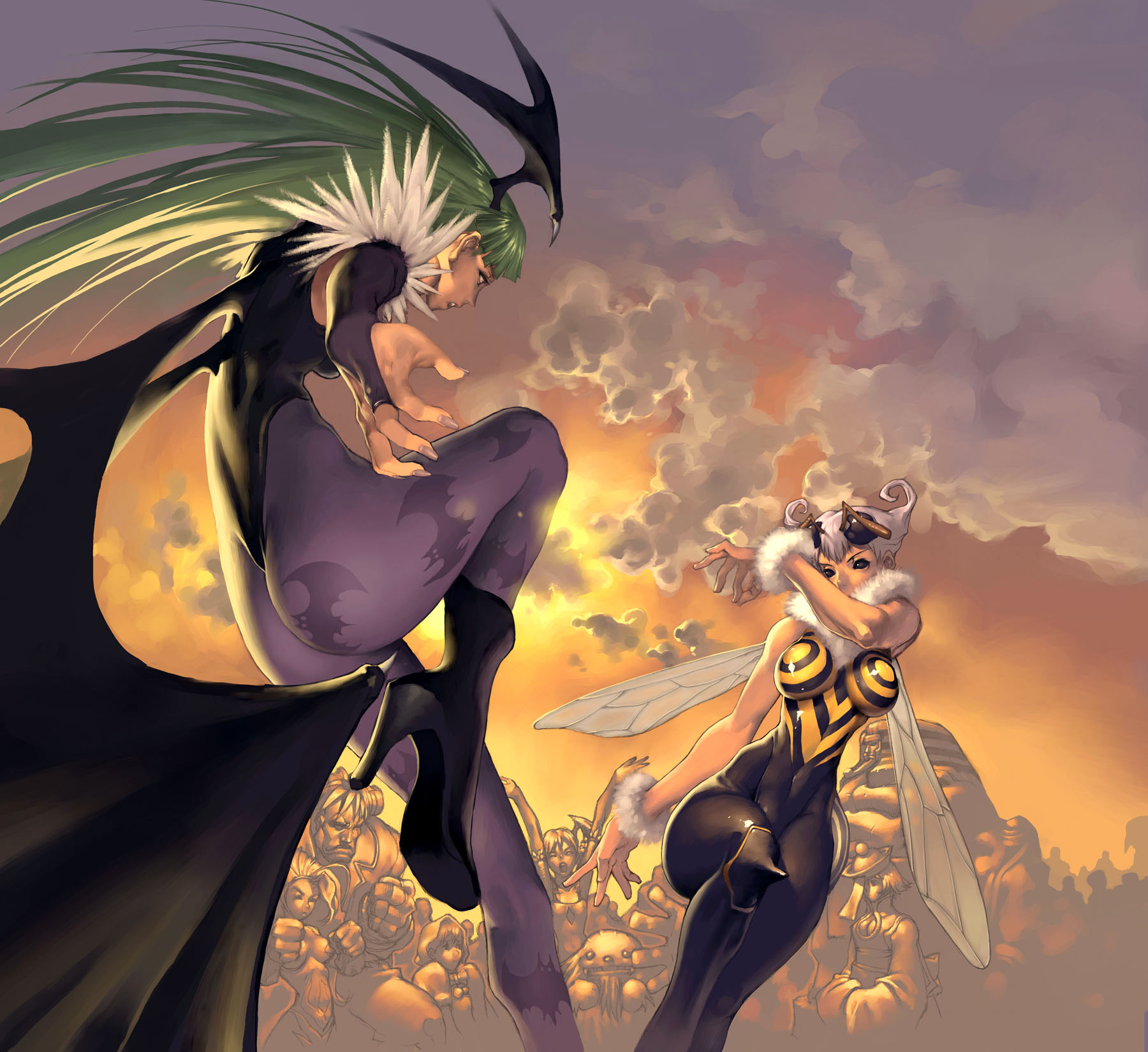 kim hyung tae, anakaris, b.b. hood, felicia, hsien-ko, lilith (darkstalkers), morrigan aensland, q-bee, sasquatch (darkstalkers), victor von gerdenheim, capcom, darkstalkers, silver hair, highres, aerial battle, animal ears, antennae, arthropod girl, battle, bee girl, breasts, cat ears, cleavage, cleavage cutout, demon girl, gloves, green hair, hat, head wings, jiangshi, leotard, long hair, mummy, pantyhose, purple hair, wings