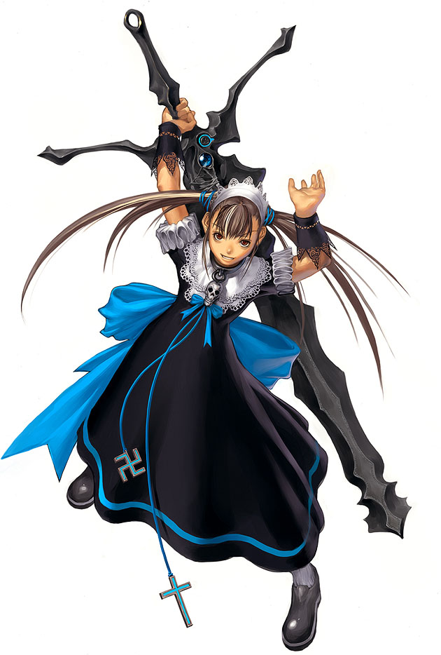 kim hyung tae, judy shakbari hagstrom, softmax, the war of genesis, cross, dress, gothic lolita, huge weapon, loli fashion, lolita fashion, smile, swastika, sword, twintails, weapon