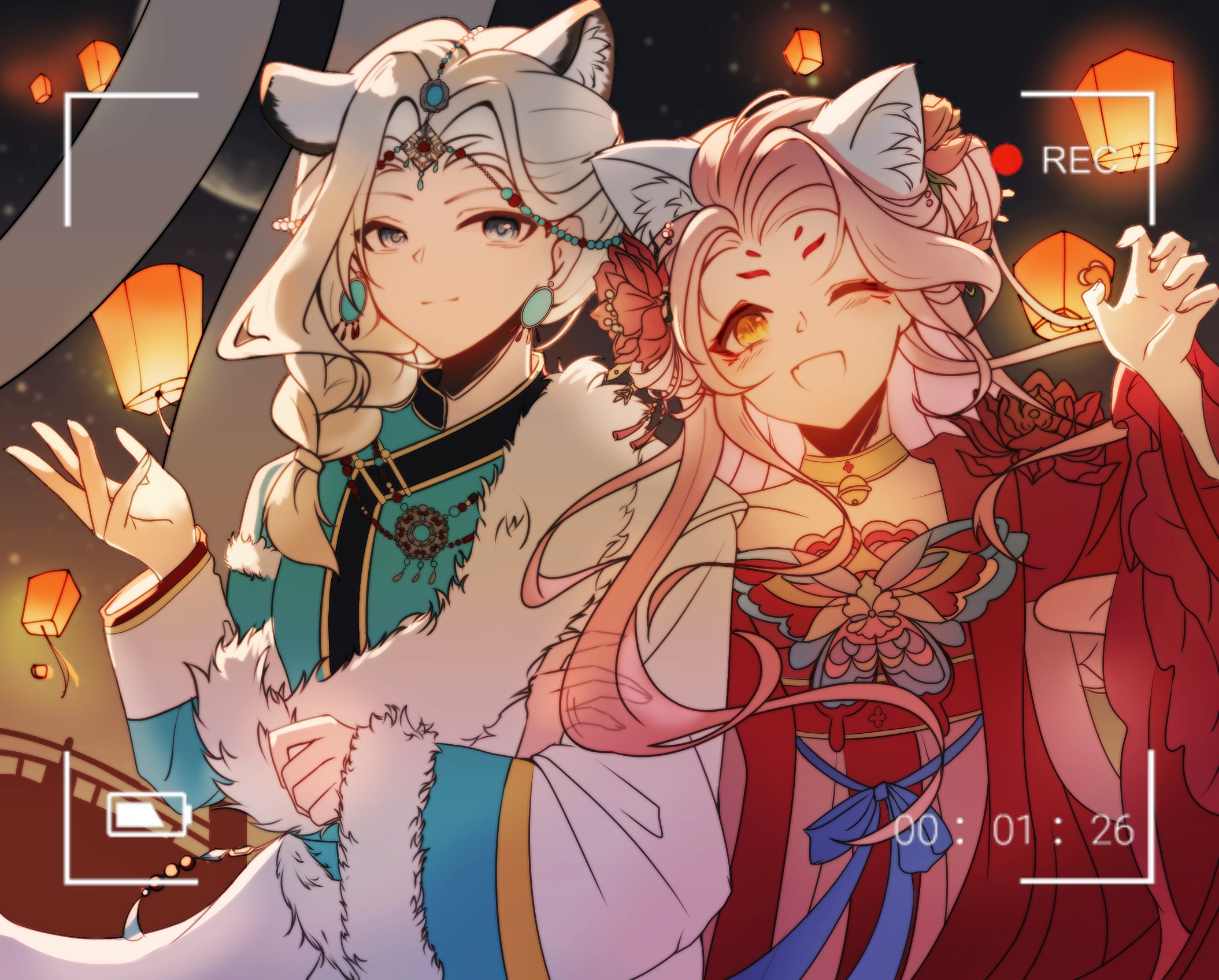 nikki (nikki), snow veil leopard (shining nikki), infinity nikki, luo xiaohei zhanji, nikki (series), shining nikki, chinese commentary, commentary request, highres, 2girls, animal ear fluff, animal ears, animal print, battery indicator, bell, blue bow, blue eyes, blue hanfu, bow, braid, bridge, brown eyes, butterfly print, chinese clothes, choker, circlet, claw pose, clenched hand, closed mouth, cowboy shot, crossover, double bun, earrings, eyelashes, eyeliner, facepaint, flower, forehead, forever bond (infinity nikki), fox ears, fur-trimmed robe, fur-trimmed sleeves, fur trim, gold choker, grey hair, hair bun, hair flower, hair ornament, hair over shoulder, hanfu, happy, heads together, holding another's arm, jewelry, kemonomimi mode, lanshang91621, lantern, leopard ears, light blush, light particles, long hair, long sleeves, lotus, luye (the legend of luoxiaohei), makeup, multiple girls, neck bell, night, night sky, one eye closed, open mouth, outdoors, outstretched hand, paper lantern, pink hair, recording, red eyeliner, red eyes, red hanfu, red robe, robe, robe partially removed, single braid, sky, sleeves past wrists, smile, standing, streamers, timestamp, very long hair, waist bow, white robe, wide sleeves