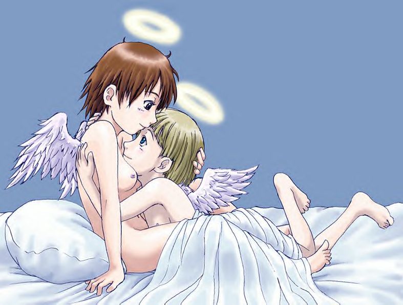 kuu (haibane), rakka (haibane), haibane renmei, jpeg artifacts, 00s, 2girls, angel, barefoot, bed, bed sheet, breasts, flat chest, hug, multiple girls, naked sheet, nipples, nude, pillow, static cling, under covers, wings, yuri