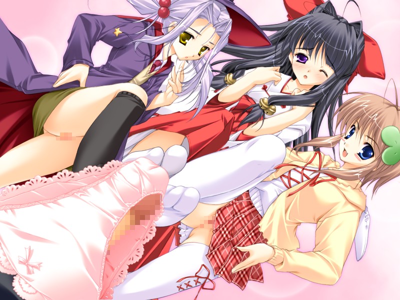 mikeou, arima mari, takahara ai, tsukimiya kaede, miraroma, game cg, 3girls, bell, black socks, blue eyes, blush, bow, bow panties, censored, cooperative footjob, feet, footjob, footjob with legwear, group sex, hair bell, hair ornament, japanese clothes, jingle bell, kneehighs, lace, lace-trimmed panties, lace trim, long hair, long sleeves, miko, mosaic censoring, multiple girls, necktie, no panties, no shoes, panties, panties on penis, penis, pink panties, sex, socks, tabi, teamwork, teamwork (sexual), thighhighs, toes, underwear, white thighhighs