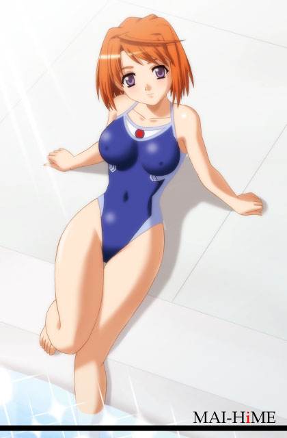 tokino, tokiha mai, my-hime, my-otome, 00s, 1girl, barefoot, blue one-piece swimsuit, breasts, competition swimsuit, copyright name, covered erect nipples, covered navel, female focus, highleg, highleg one-piece swimsuit, large breasts, light rays, one-piece swimsuit, orange hair, pool, poolside, purple eyes, red hair, short hair, sitting, smile, solo, sparkle, sunbeam, sunlight, swimsuit
