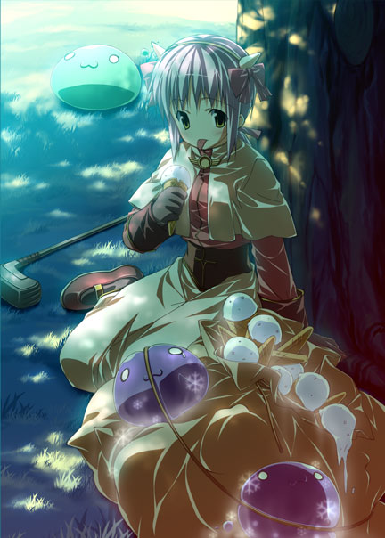 galore, poring, ragnarok online, 1girl, dappled sunlight, dripping, female focus, food, ice cream, ice cream cone, red shoes, shoes, sitting, slime (creature), solo, sunlight, tongue, tongue out, tree