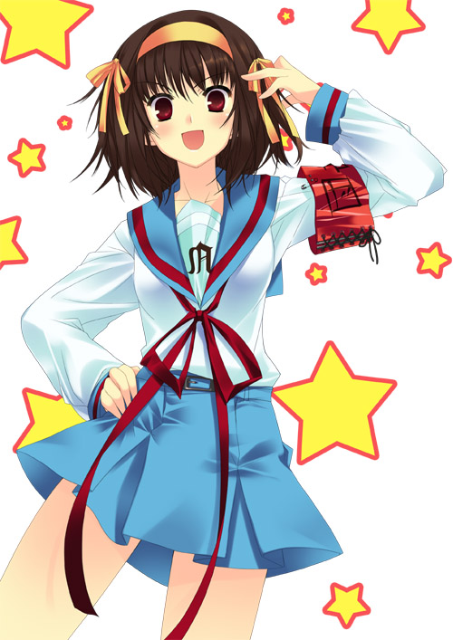 mizuki makoto, suzumiya haruhi, suzumiya haruhi no yuuutsu, 00s, armband, brown hair, school uniform, serafuku, short hair, solo