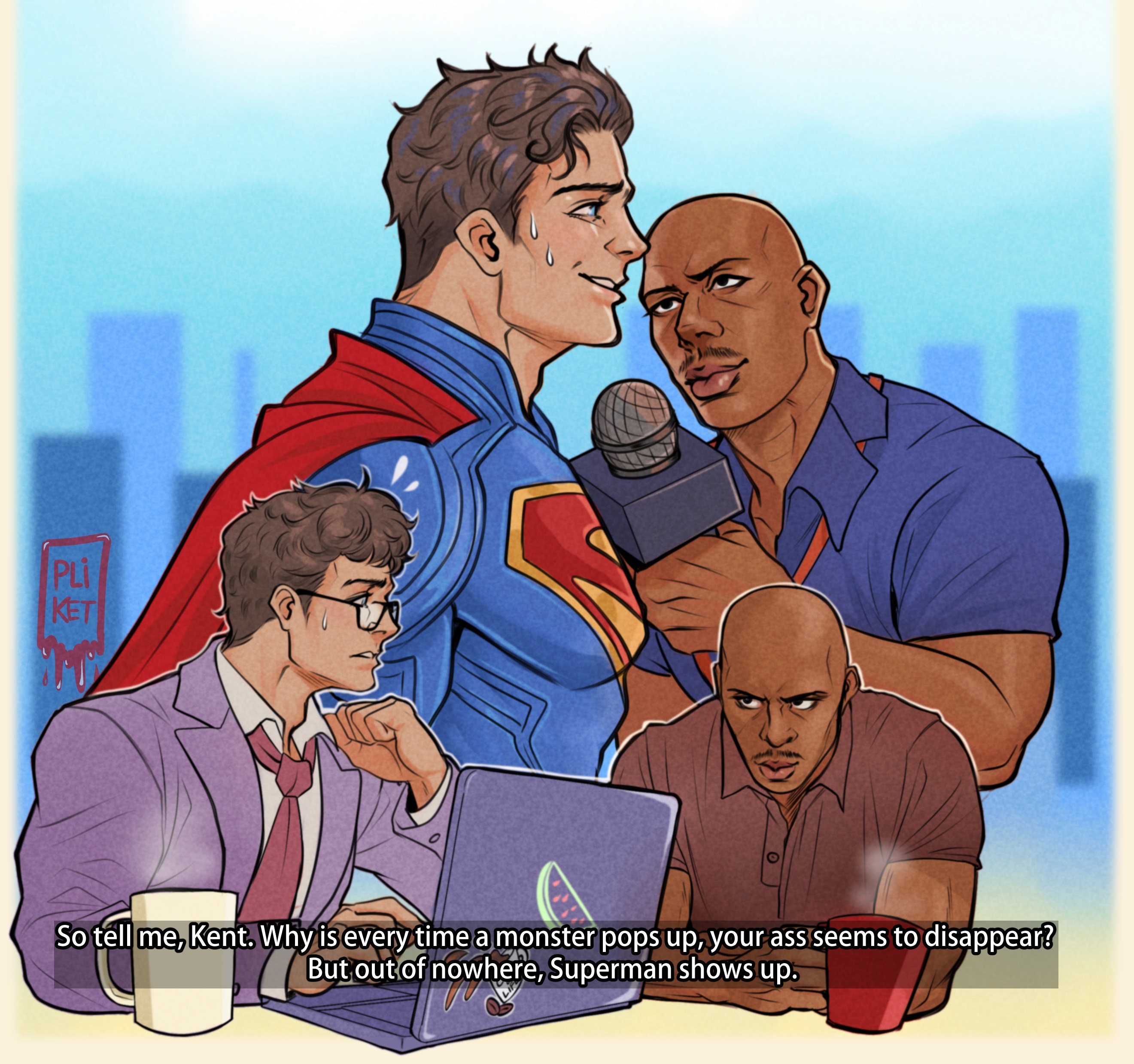 tazahan, clark kent, superman, dc comics, dexter (tv series), superman (2025), superman (series), absurdres, highres, 2boys, bald, black hair, blue background, blue bodysuit, blue eyes, blue shirt, bodysuit, brown shirt, cape, closed mouth, computer, cup, dark-skinned male, dark skin, facial hair, formal clothes, glasses, holding, holding microphone, jacket, james doakes, laptop, looking at another, male focus, microphone, multiple boys, mustache, necktie, profile, purple jacket, purple suit, red cape, red necktie, shirt, short hair, short sleeves, smile, suit, sweat, upper body, white shirt