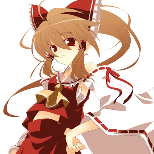 tooya, touya (the-moon), hakurei reimu, touhou, lowres, 1girl, ascot, bow, brown eyes, brown hair, detached sleeves, female focus, hair bow, hair tubes, looking at viewer, midriff, navel, ribbon, sarashi, solo, upper body, wide sleeves