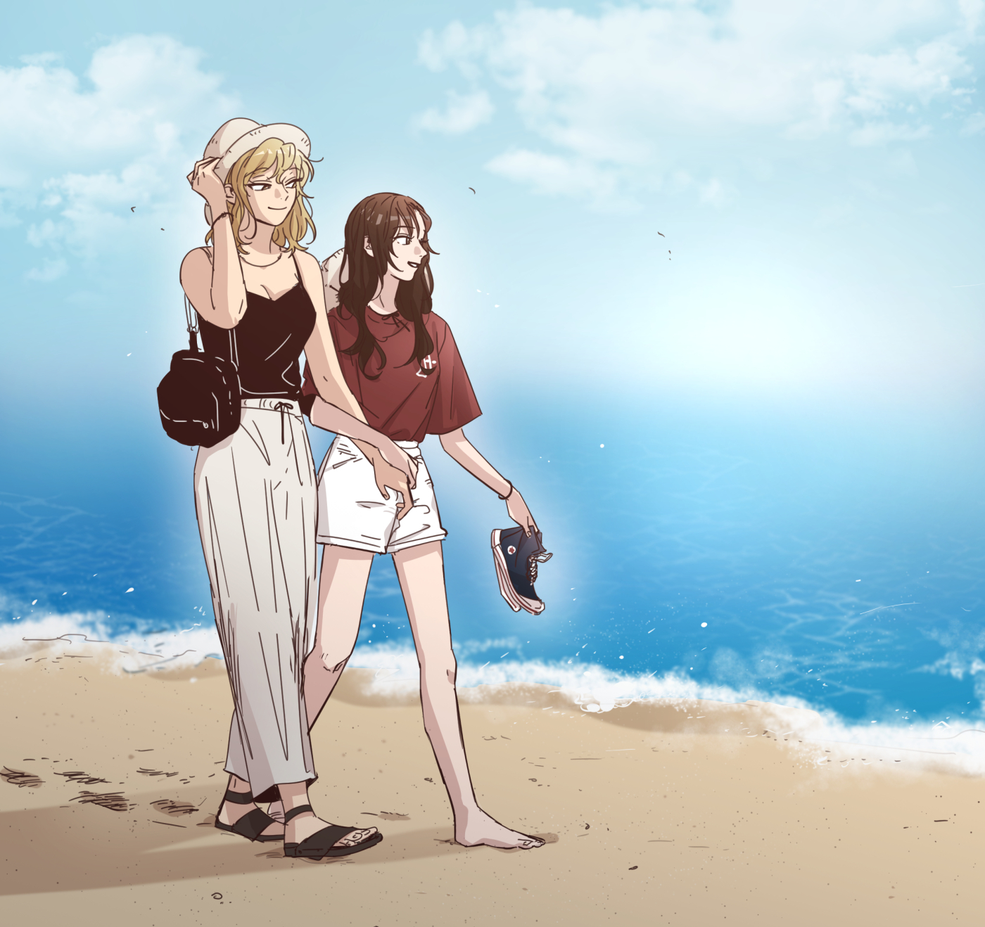 yeongol, ring my bell (yeongol), commentary request, highres, korean commentary, official art, 2girls, arm up, arms at sides, bag, barefoot, beach, black camisole, blonde hair, blue sky, bracelet, breasts, brown hair, camisole, cleavage, closed mouth, cloud, couple, day, full body, grey pants, hair over shoulder, hat, holding, holding shoes, holding unworn clothes, jewelry, long hair, looking at another, medium hair, multiple girls, necklace, ocean, outdoors, pants, parted lips, red shirt, sand, sandals, shirt, shoes, short shorts, short sleeves, shorts, shoulder bag, sideways glance, sky, smile, t-shirt, unworn shoes, walking, white shorts, yuri