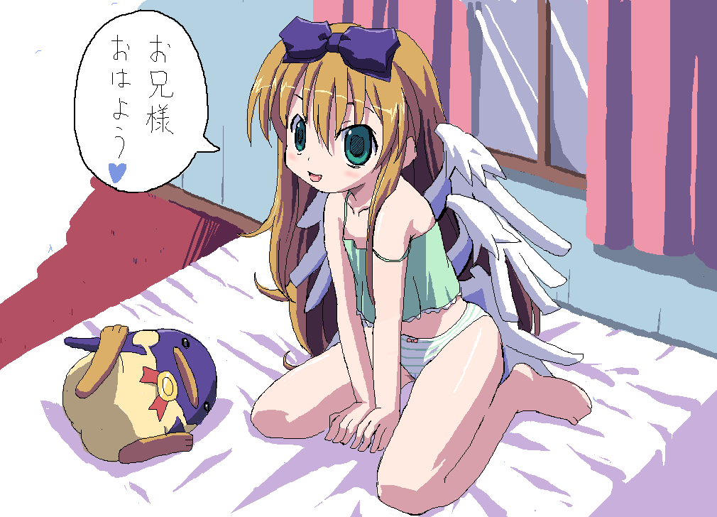 aruma (shinrabanshou), shinrabanshou, translation request, 1girl, :d, angel wings, arm support, bare shoulders, barefoot, bed, blonde hair, blush, bow, bow panties, brown hair, camisole, curtains, fang, feet, female focus, flat chest, green eyes, green panties, hair between eyes, hair bow, heart, indoors, leaning forward, long hair, looking at viewer, multiple wings, oekaki, open mouth, panties, seiza, sidelocks, sitting, smile, solo, speech bubble, spoken heart, strap slip, striped clothes, striped panties, stuffed animal, stuffed penguin, stuffed toy, underwear, underwear only, v arms, very long hair, white panties, window, wings