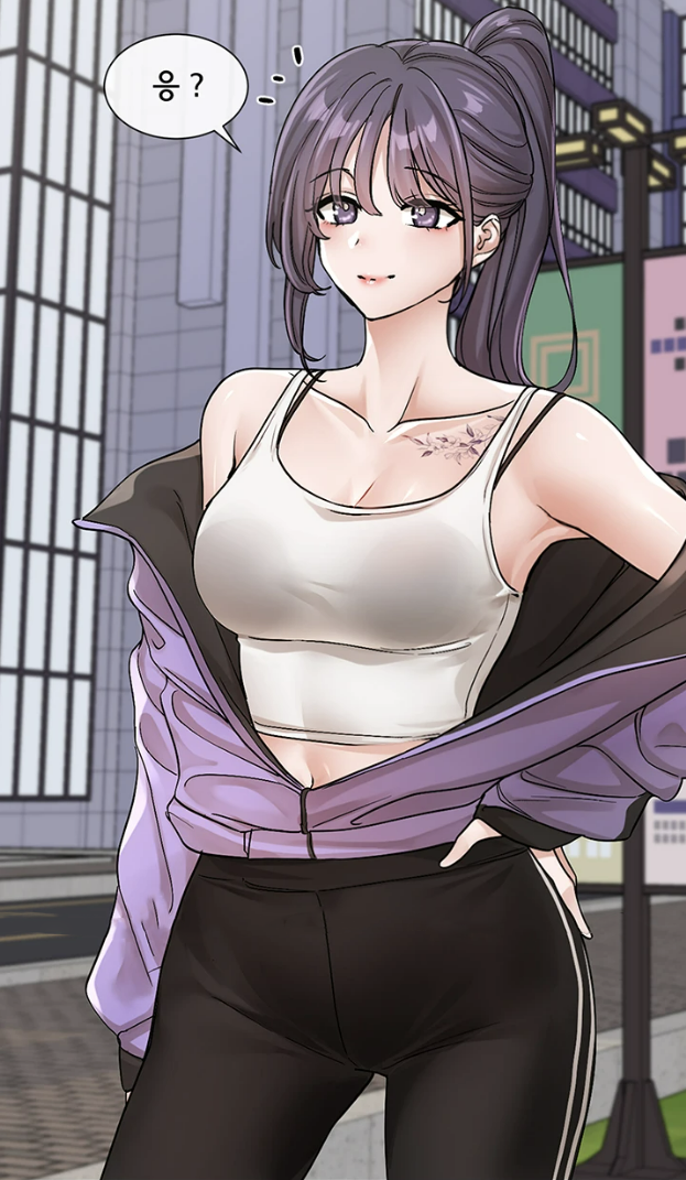 mmm (ji1945), copyright request, non-web source, baek ga-in, black bra, black pants, bra, bra strap, flower tattoo, hand on own hip, jacket, long hair, pants, ponytail, purple eyes, purple hair, purple jacket, shoulder tattoo, smile, tank top, tattoo, underwear, white tank top, windbreaker