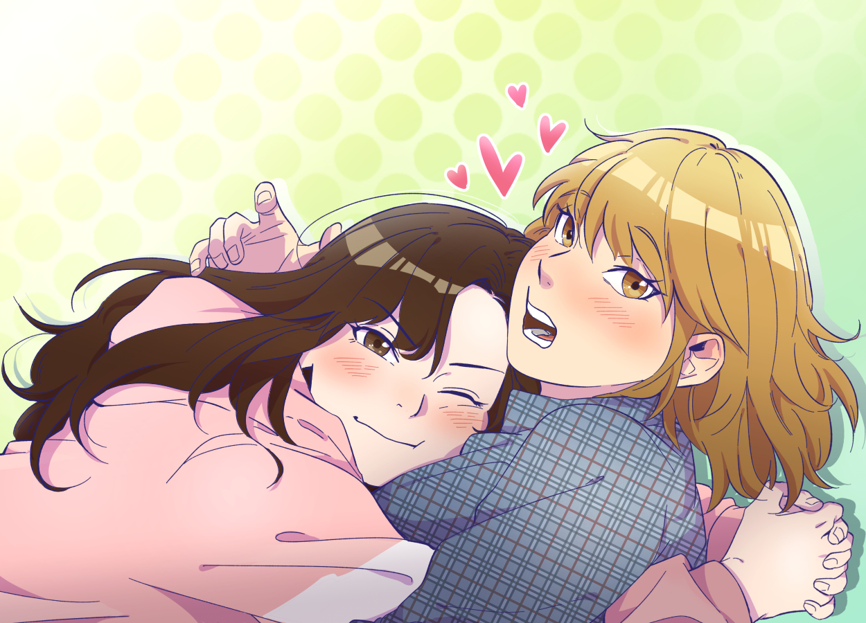yeongol, ring my bell (yeongol), commentary request, korean commentary, official art, 2girls, blonde hair, blue shirt, blush, brown eyes, brown hair, closed mouth, couple, dithered background, drop shadow, fingernails, green background, hood, hoodie, hug, long hair, long sleeves, looking to the side, loving aura, medium hair, multiple girls, one eye closed, open mouth, pink hoodie, plaid clothes, plaid shirt, shirt, smile, turning head, yuri