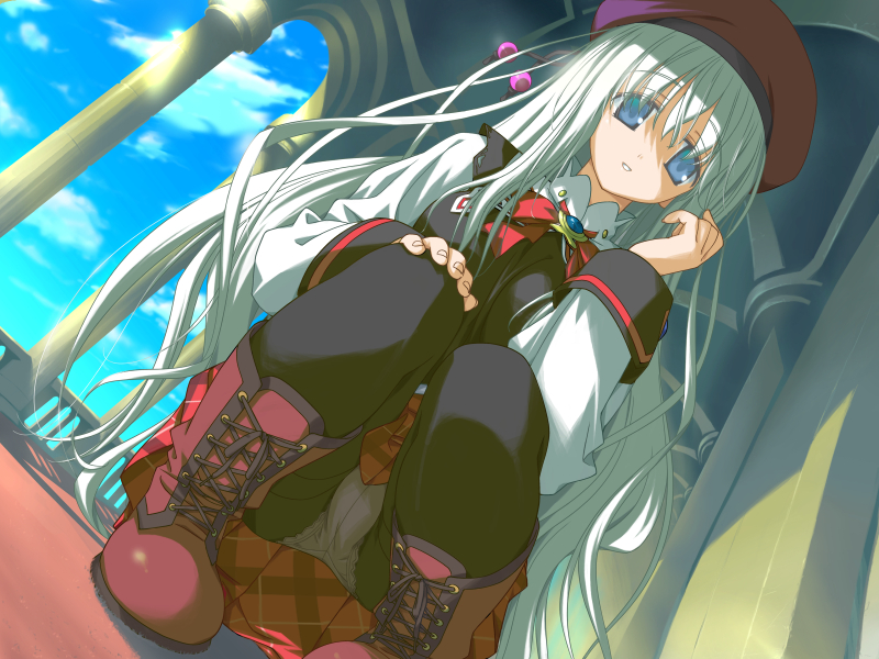 shida kazuhiro, flolium blosselliand, wiz anniversary, game cg, 1girl, beret, blouse, blue eyes, boots, bow, crotch seam, female focus, hat, long hair, panties, panties under pantyhose, pantyhose, pantyshot, plaid clothes, plaid skirt, shirt, sitting, skirt, solo, squatting, thighband pantyhose, underwear, upskirt, white hair, white panties
